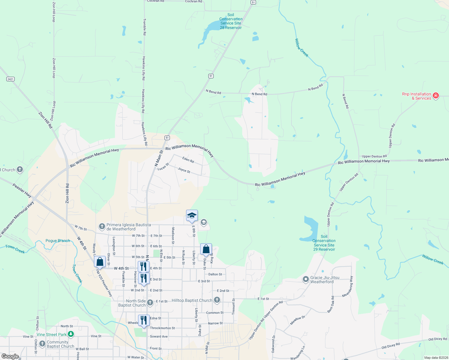 map of restaurants, bars, coffee shops, grocery stores, and more near 501 Joyce Street in Weatherford