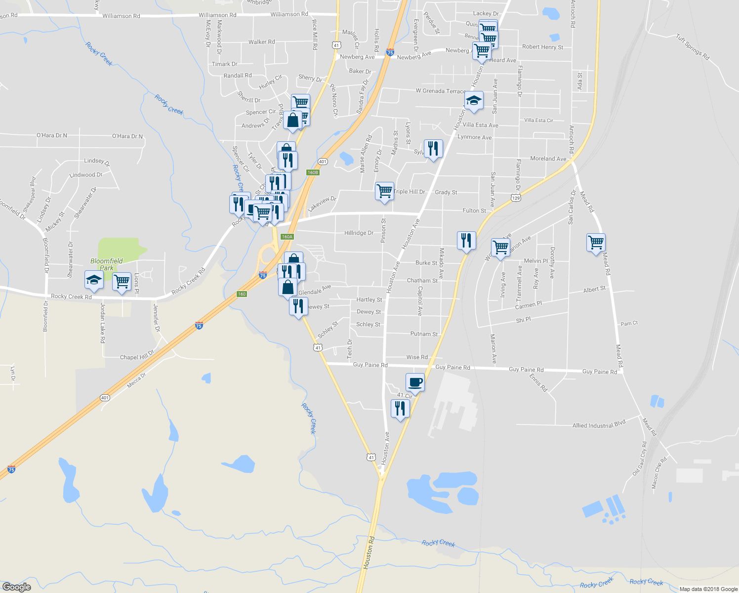 map of restaurants, bars, coffee shops, grocery stores, and more near 1189 Hartley Street in Macon