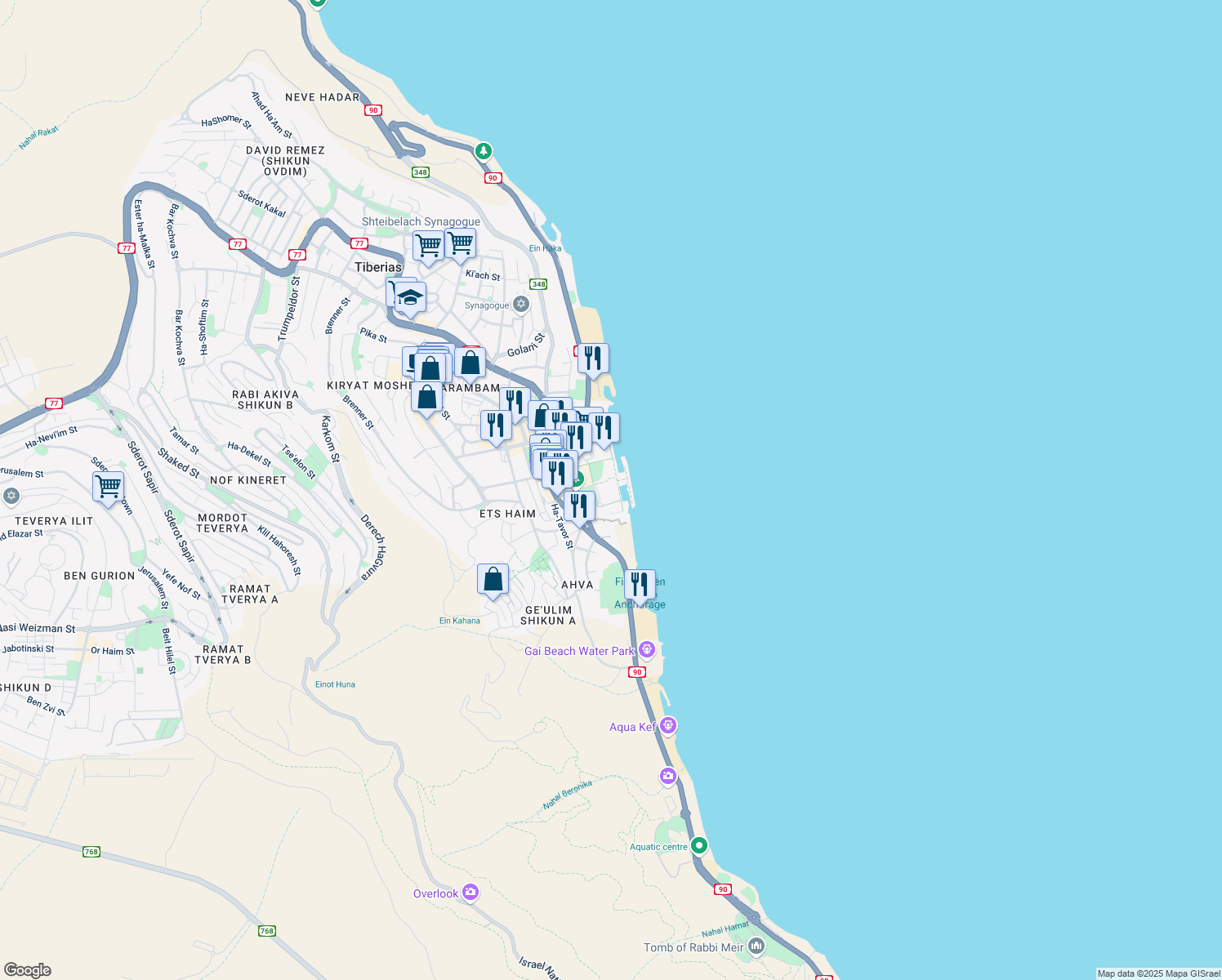 map of restaurants, bars, coffee shops, grocery stores, and more near Yigal Alon Promenade in Tverya