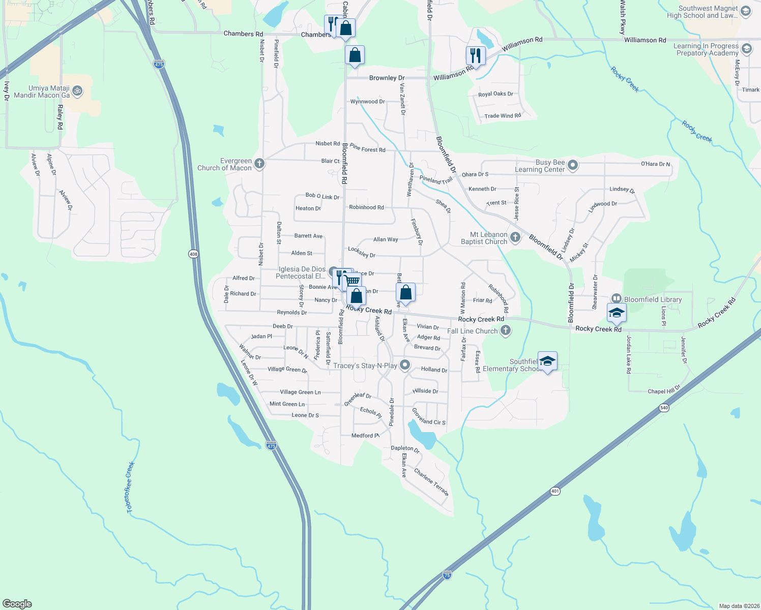 map of restaurants, bars, coffee shops, grocery stores, and more near 2537 Rocky Creek Road in Macon