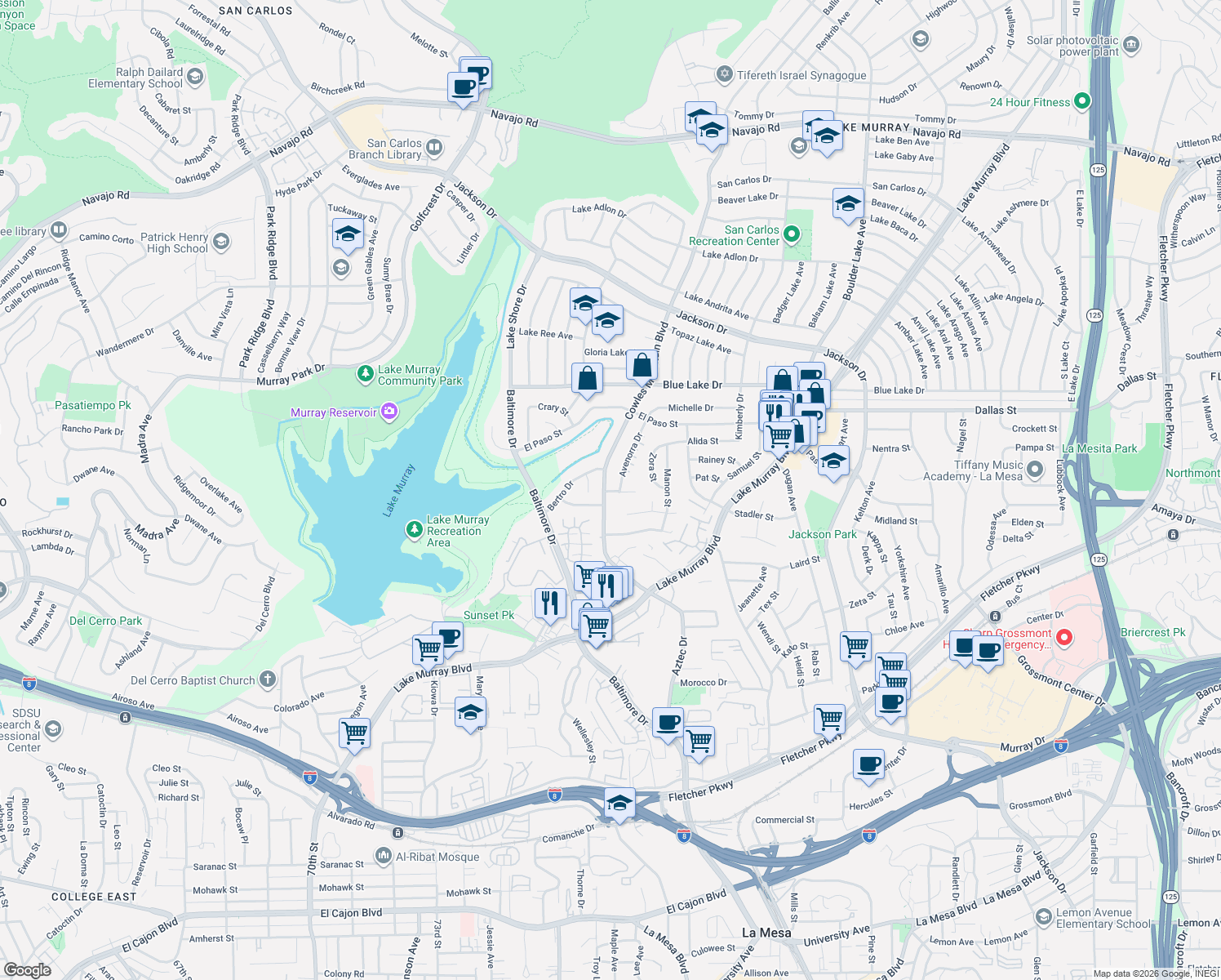 map of restaurants, bars, coffee shops, grocery stores, and more near 5915-5929 Cowles Mountain Boulevard in La Mesa