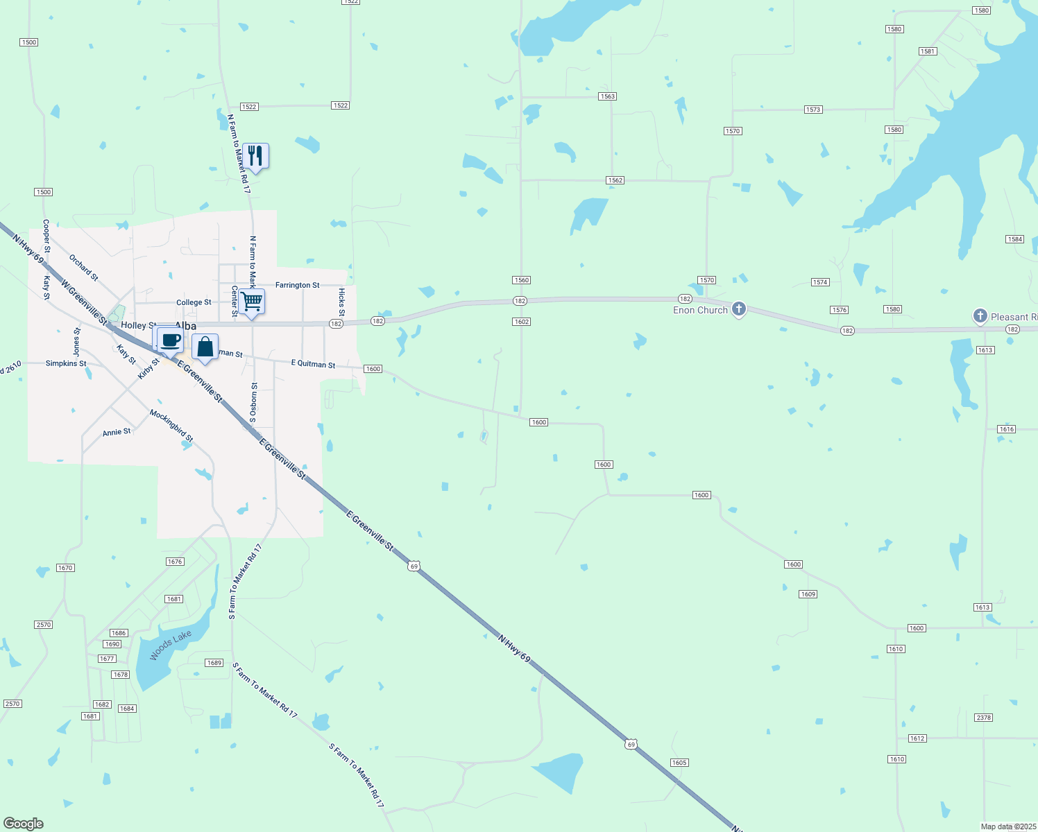 map of restaurants, bars, coffee shops, grocery stores, and more near 126 County Road 1602 in Alba