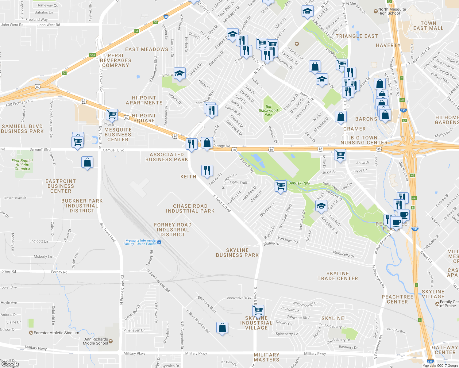 map of restaurants, bars, coffee shops, grocery stores, and more near 3516 Dublin Trail in Mesquite