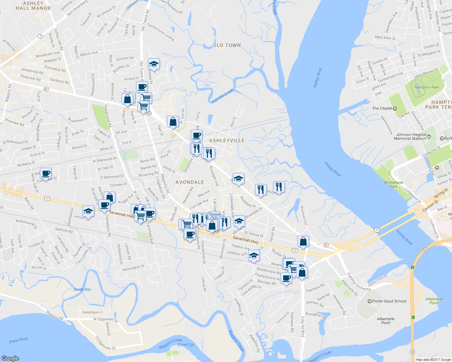 map of restaurants, bars, coffee shops, grocery stores, and more near 4 Peeks Pike in Charleston