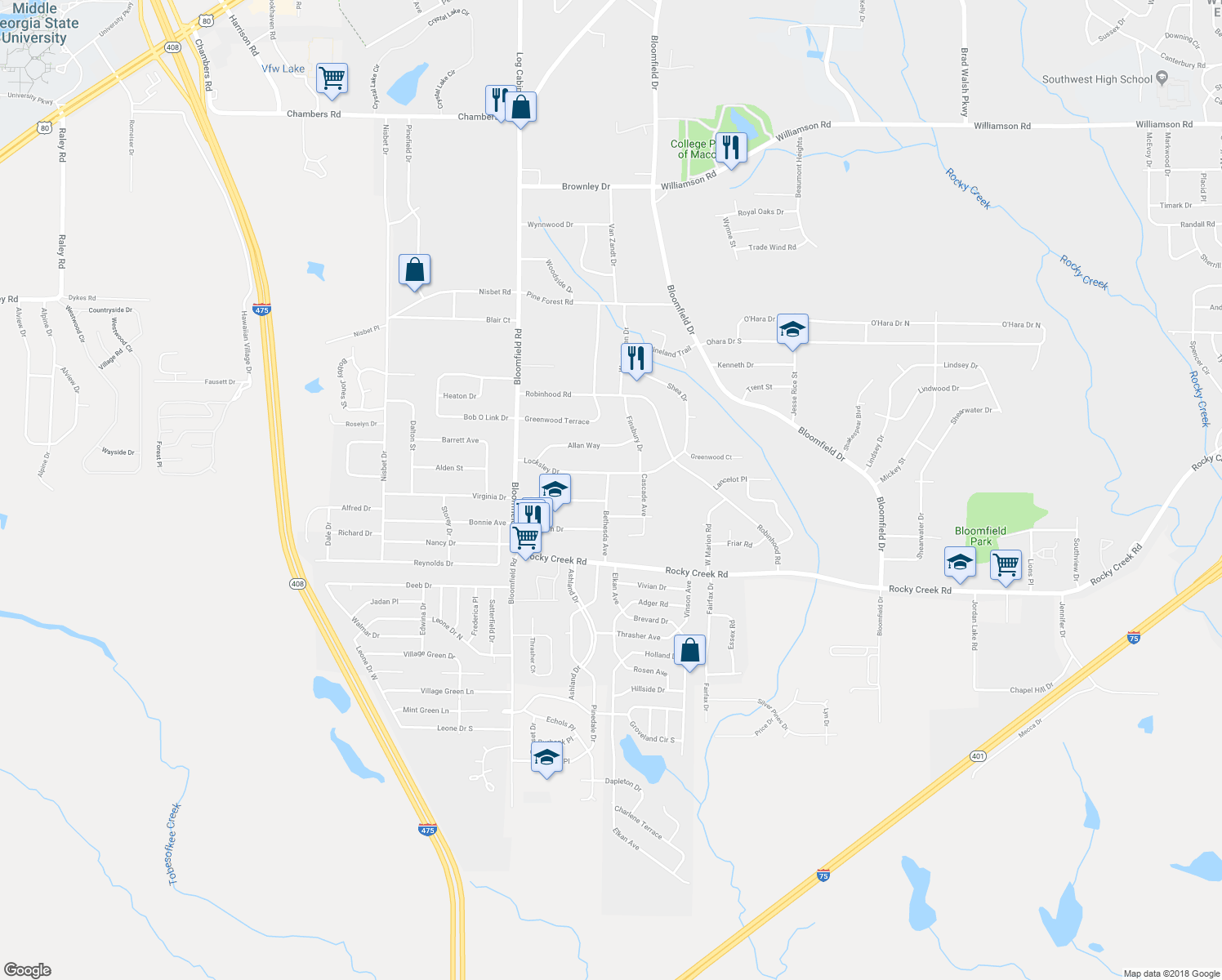 map of restaurants, bars, coffee shops, grocery stores, and more near 5464 Bethesda Avenue in Macon