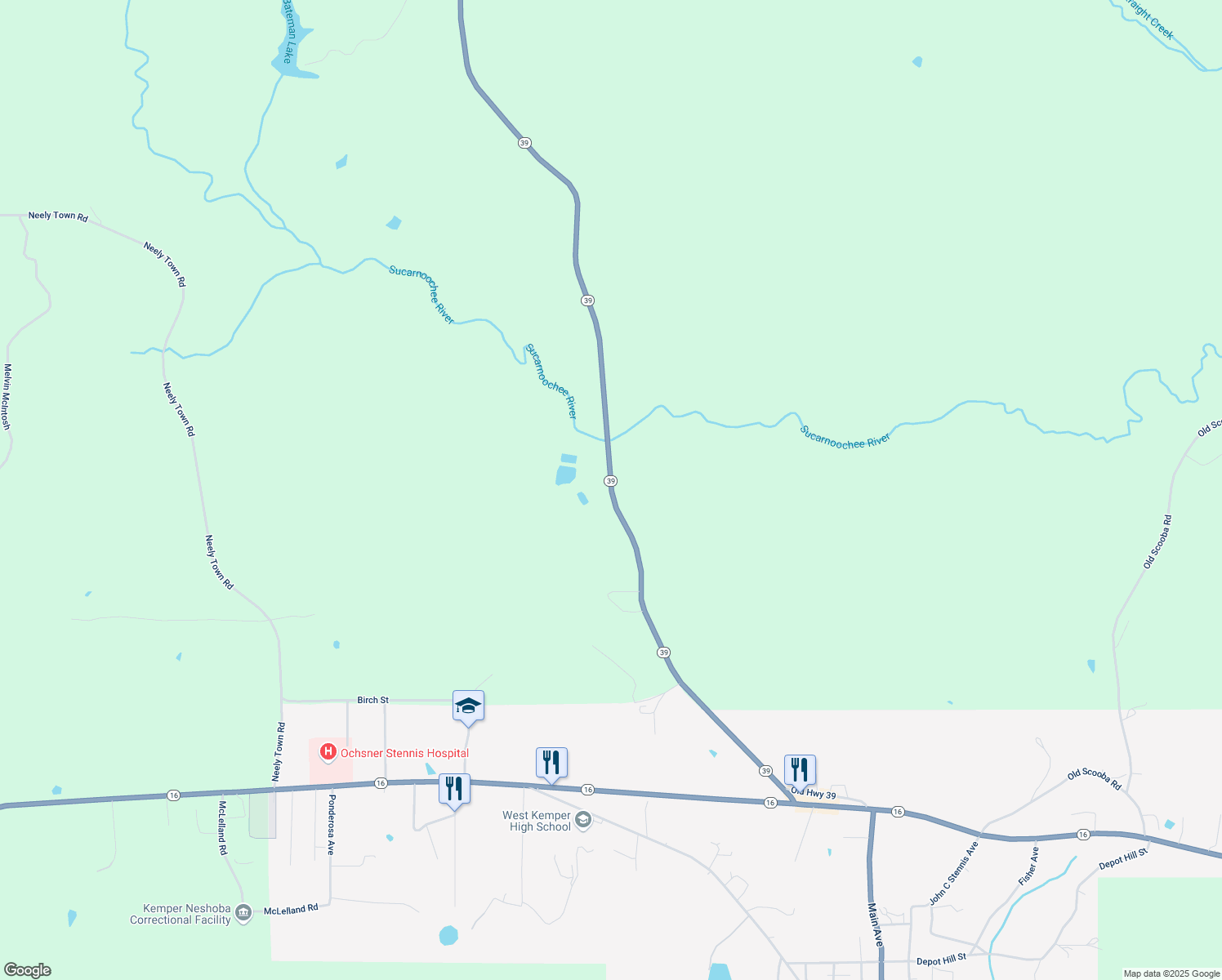 map of restaurants, bars, coffee shops, grocery stores, and more near 15849 Mississippi 39 in De Kalb