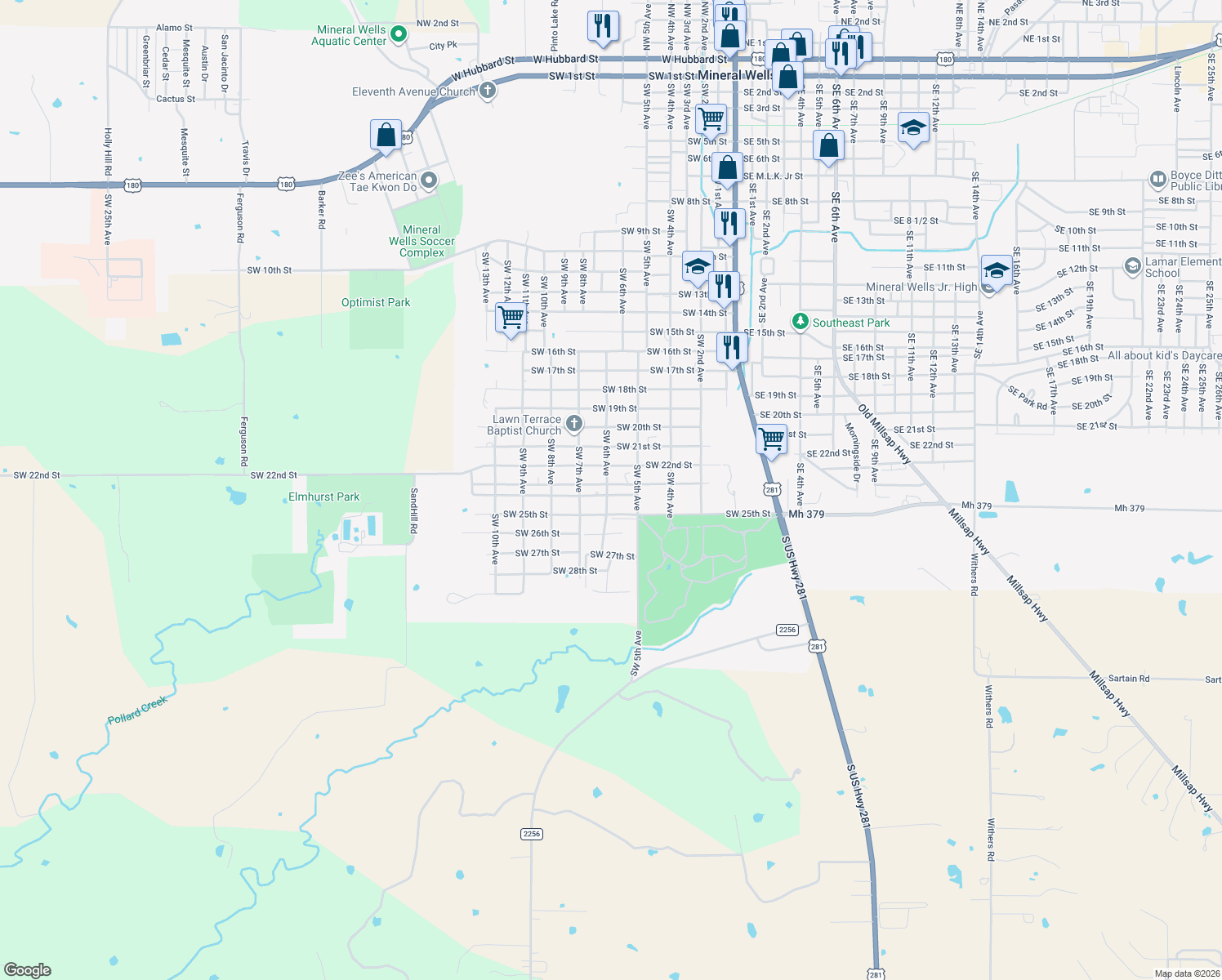 map of restaurants, bars, coffee shops, grocery stores, and more near 610 Southwest 24th Street in Mineral Wells
