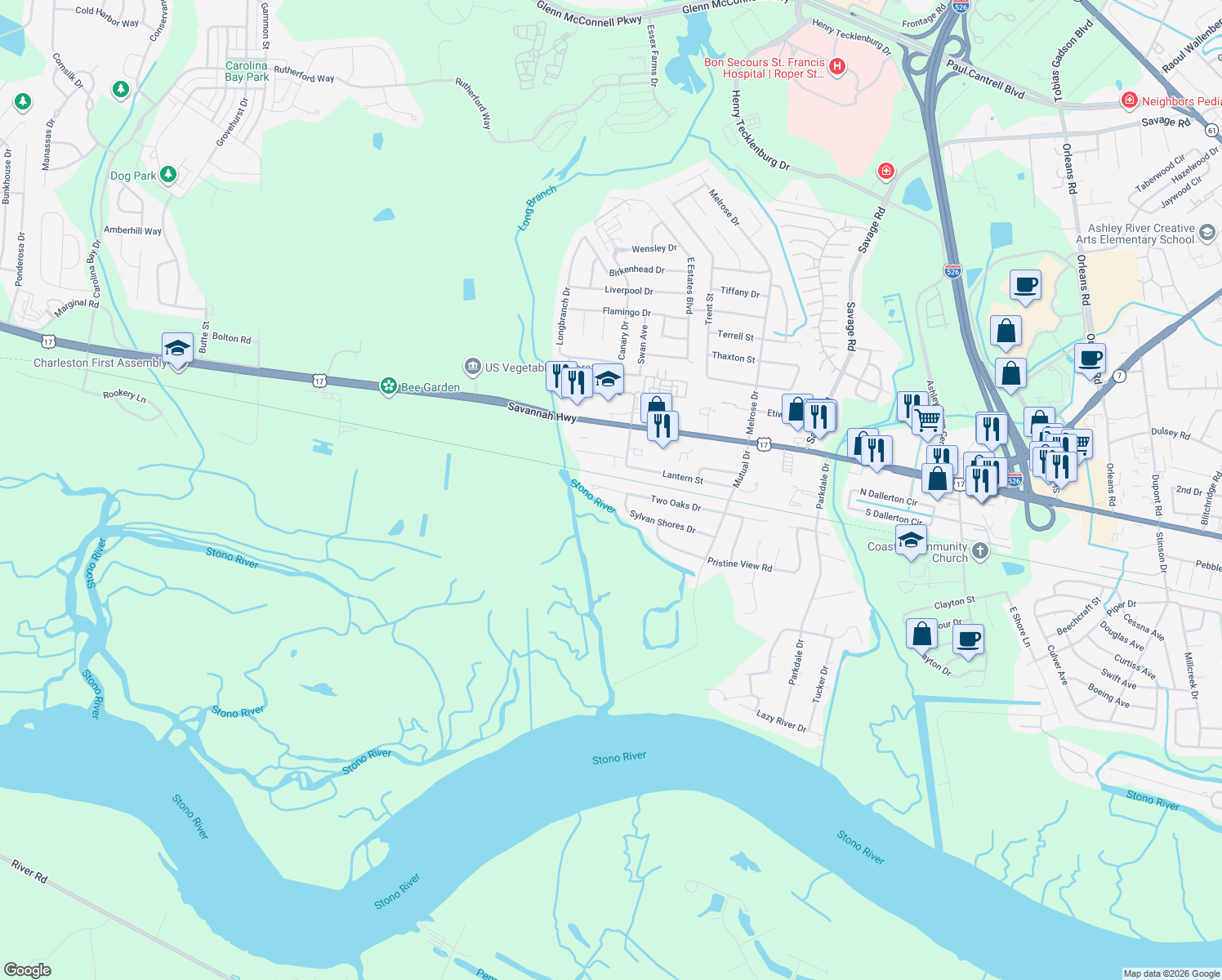 map of restaurants, bars, coffee shops, grocery stores, and more near 2519 Two Oaks Drive in Charleston