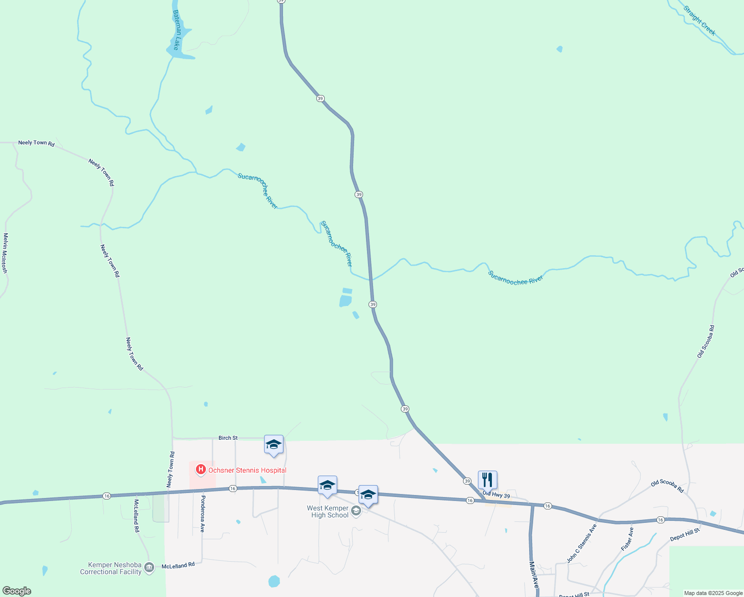 map of restaurants, bars, coffee shops, grocery stores, and more near 15849 Mississippi 39 in De Kalb