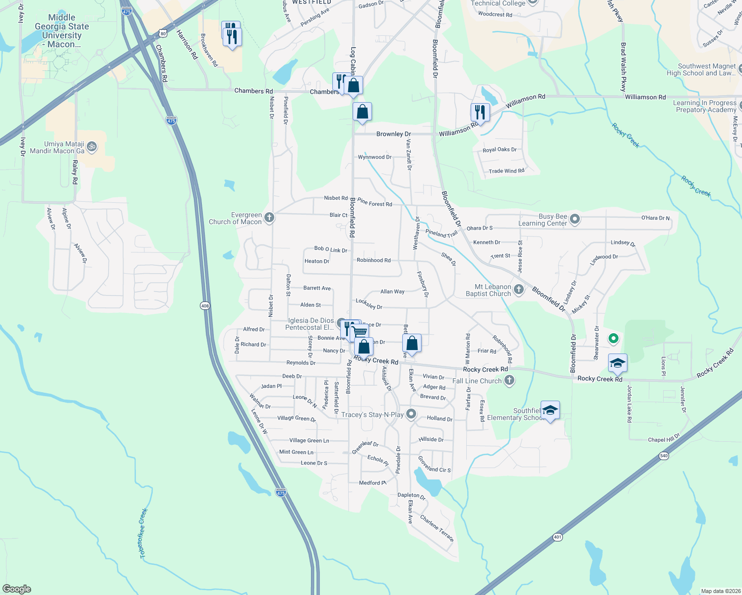 map of restaurants, bars, coffee shops, grocery stores, and more near 2570 Allan Way in Macon