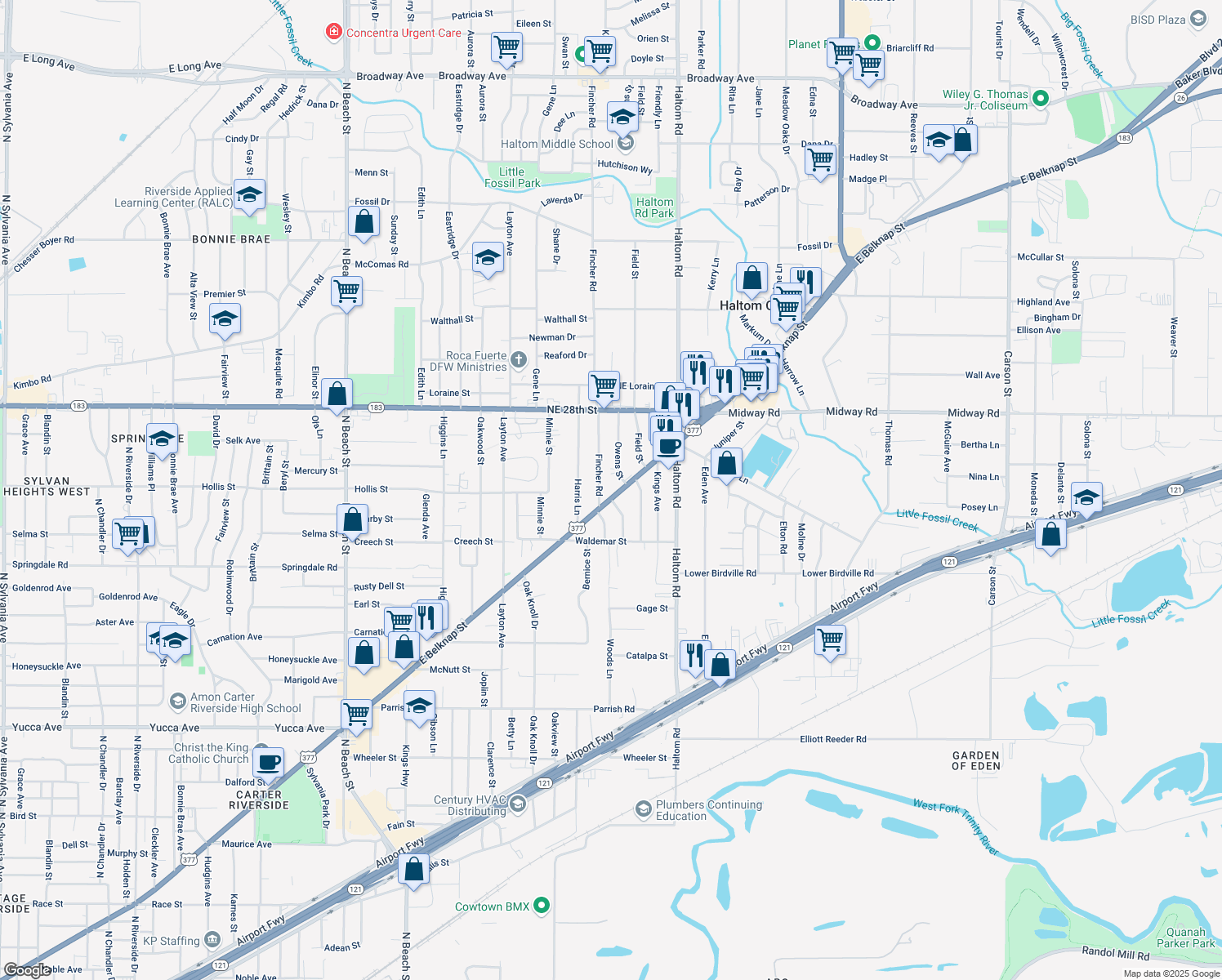 map of restaurants, bars, coffee shops, grocery stores, and more near 4805 E Belknap St in Haltom City