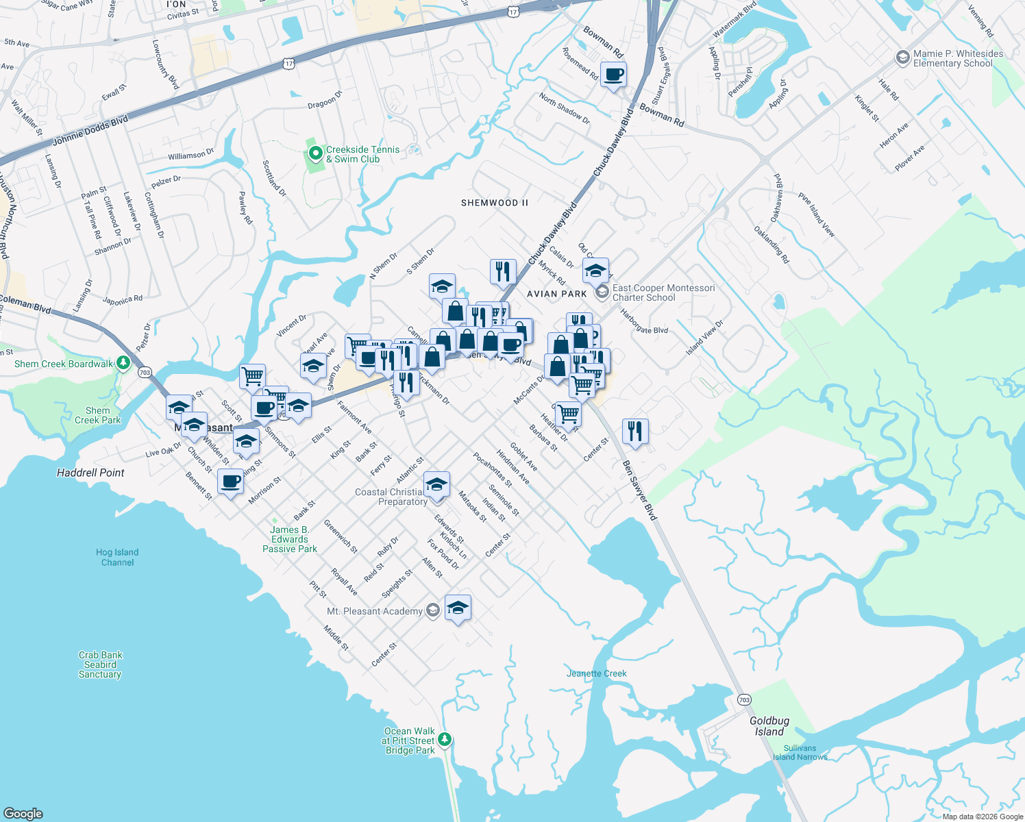 map of restaurants, bars, coffee shops, grocery stores, and more near 927 McCants Dr in Mt Pleasant