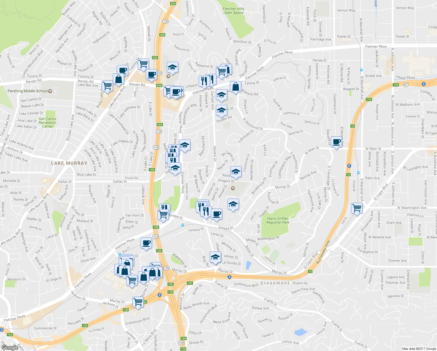 map of restaurants, bars, coffee shops, grocery stores, and more near 9304 Gregory Street in La Mesa