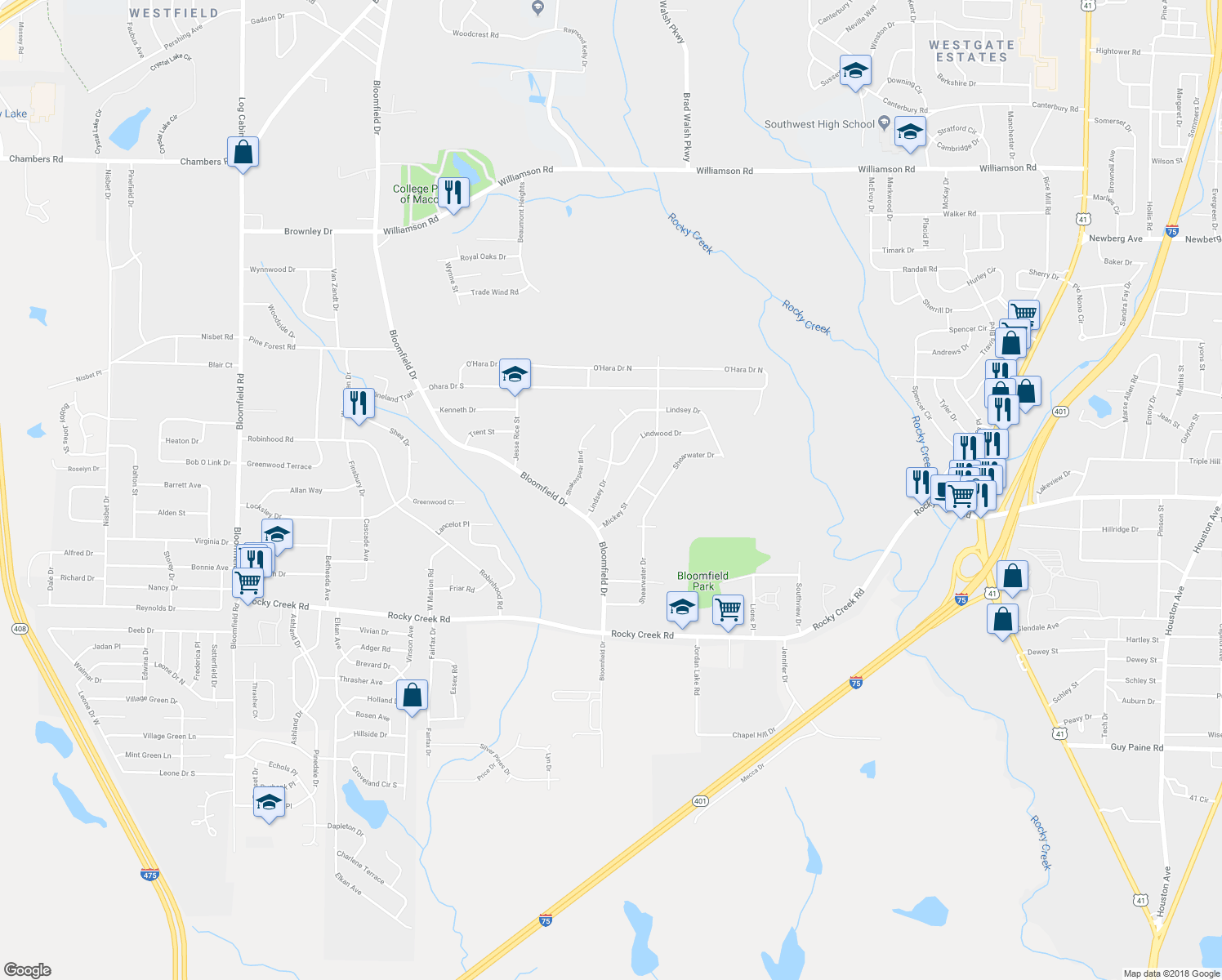 map of restaurants, bars, coffee shops, grocery stores, and more near 4028 Lindsey Drive in Macon