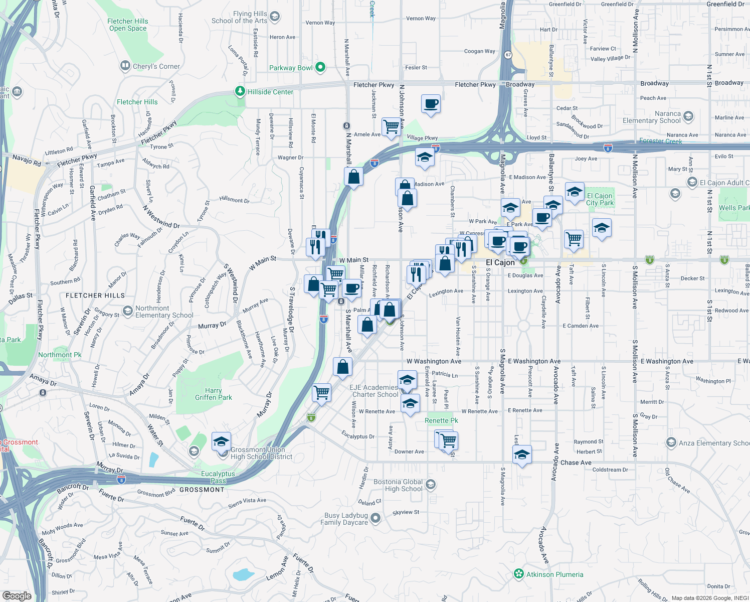 map of restaurants, bars, coffee shops, grocery stores, and more near 367 Richfield Ave in El Cajon