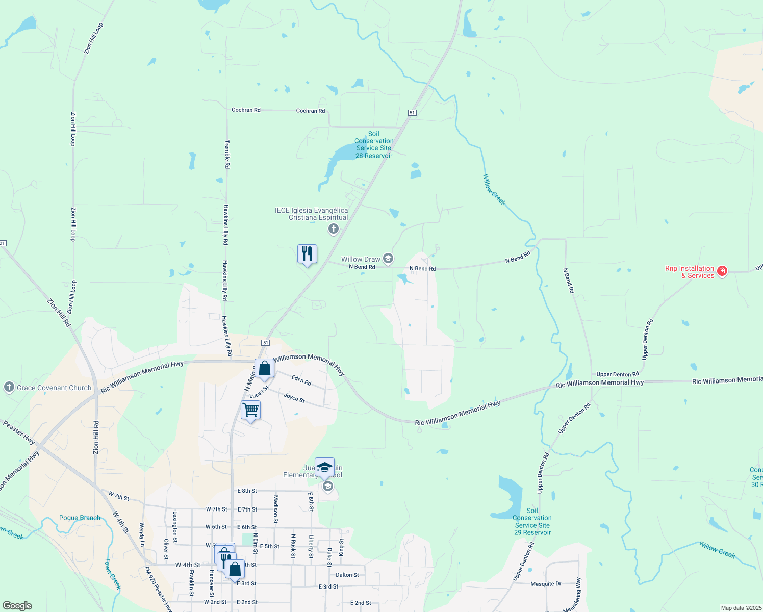 map of restaurants, bars, coffee shops, grocery stores, and more near Meadow Bridge Drive in Weatherford