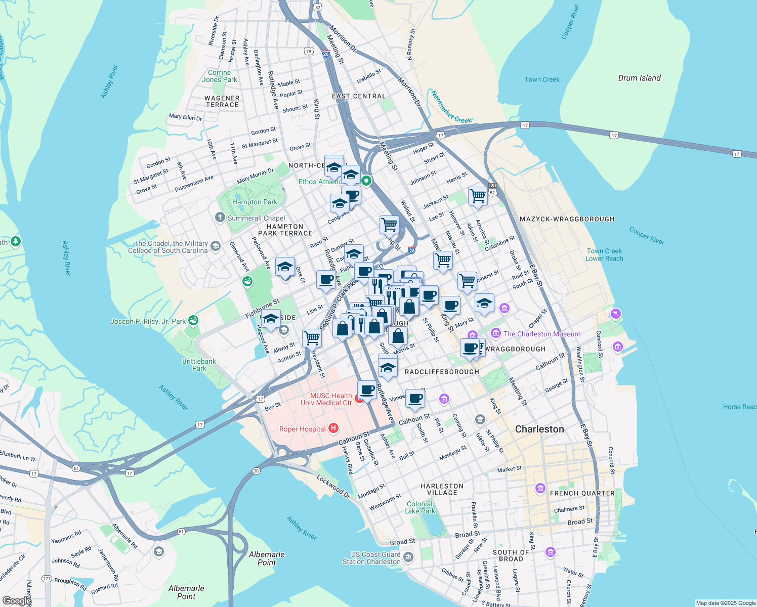 map of restaurants, bars, coffee shops, grocery stores, and more near 24 Ashe Street in Charleston