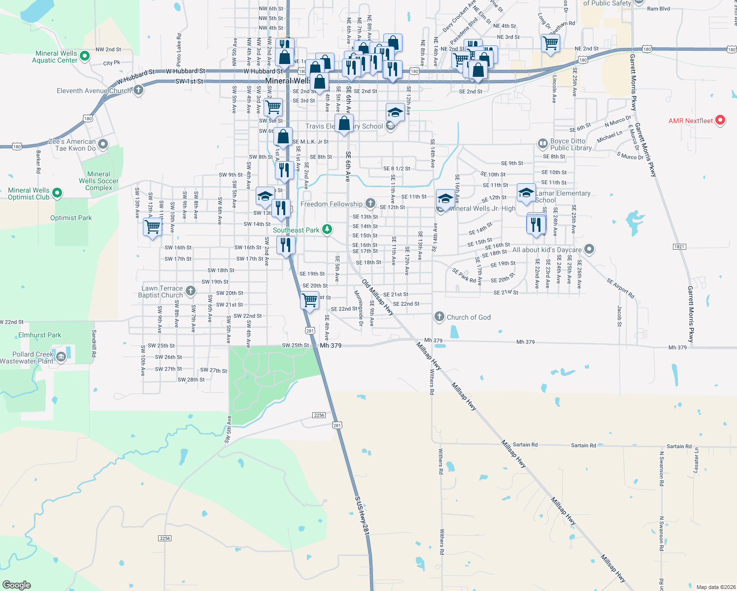 map of restaurants, bars, coffee shops, grocery stores, and more near 2204 Southeast 9th Avenue in Mineral Wells