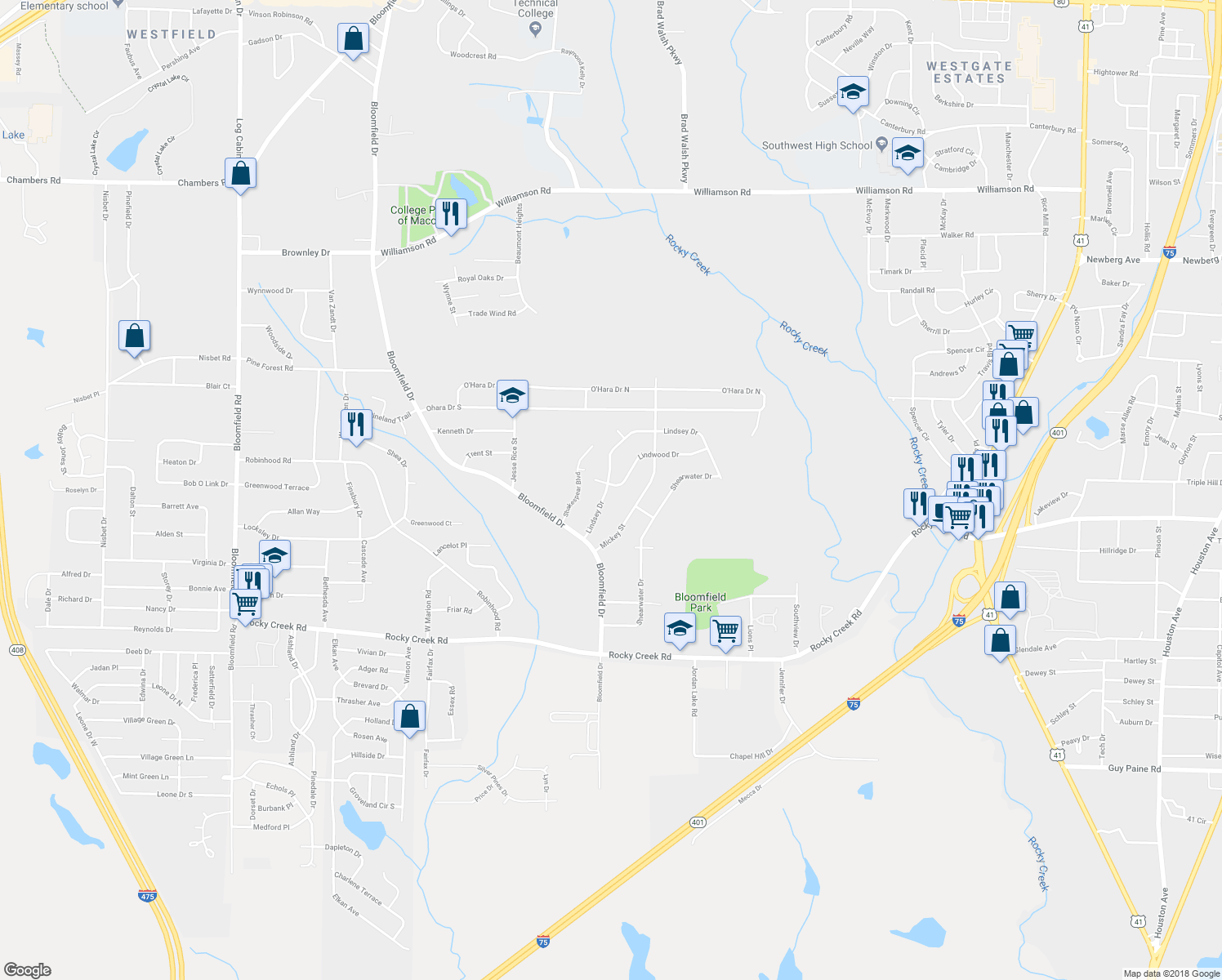 map of restaurants, bars, coffee shops, grocery stores, and more near 4002 Lindsey Drive in Macon