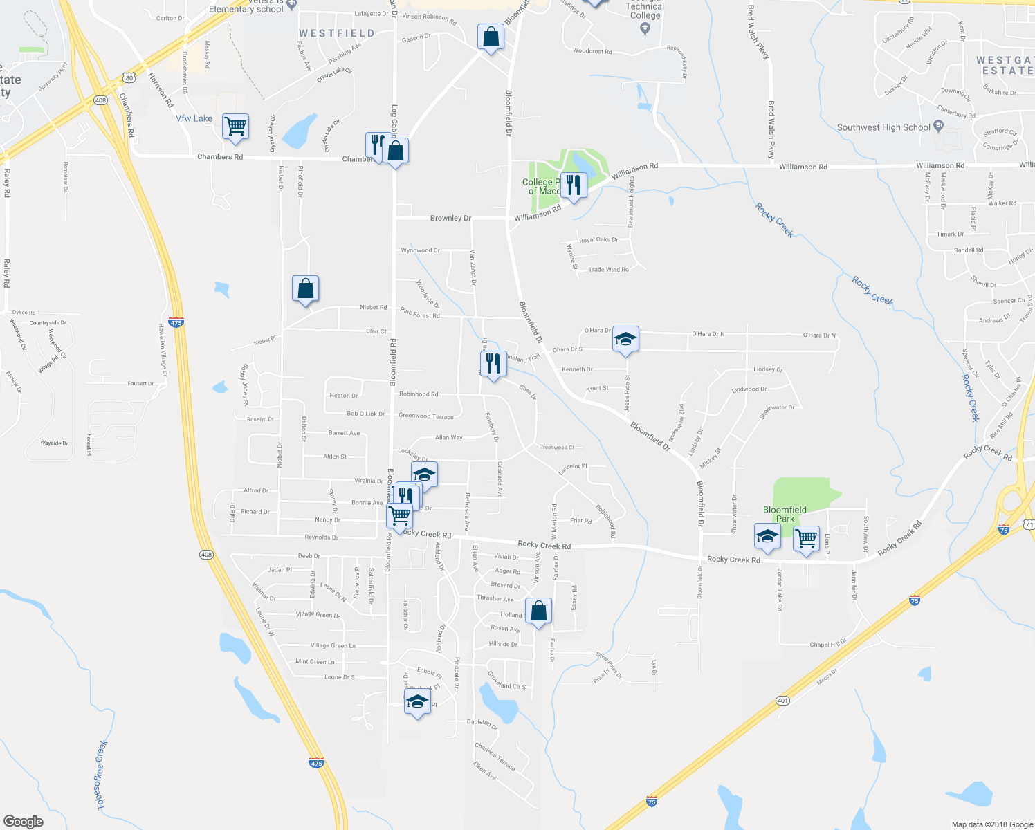map of restaurants, bars, coffee shops, grocery stores, and more near 2437 Robinhood Road in Macon