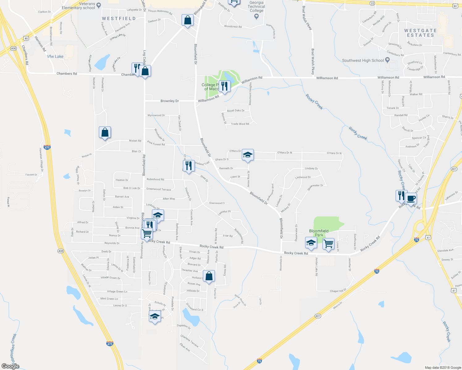 map of restaurants, bars, coffee shops, grocery stores, and more near 3731 Bloomfield Drive in Macon