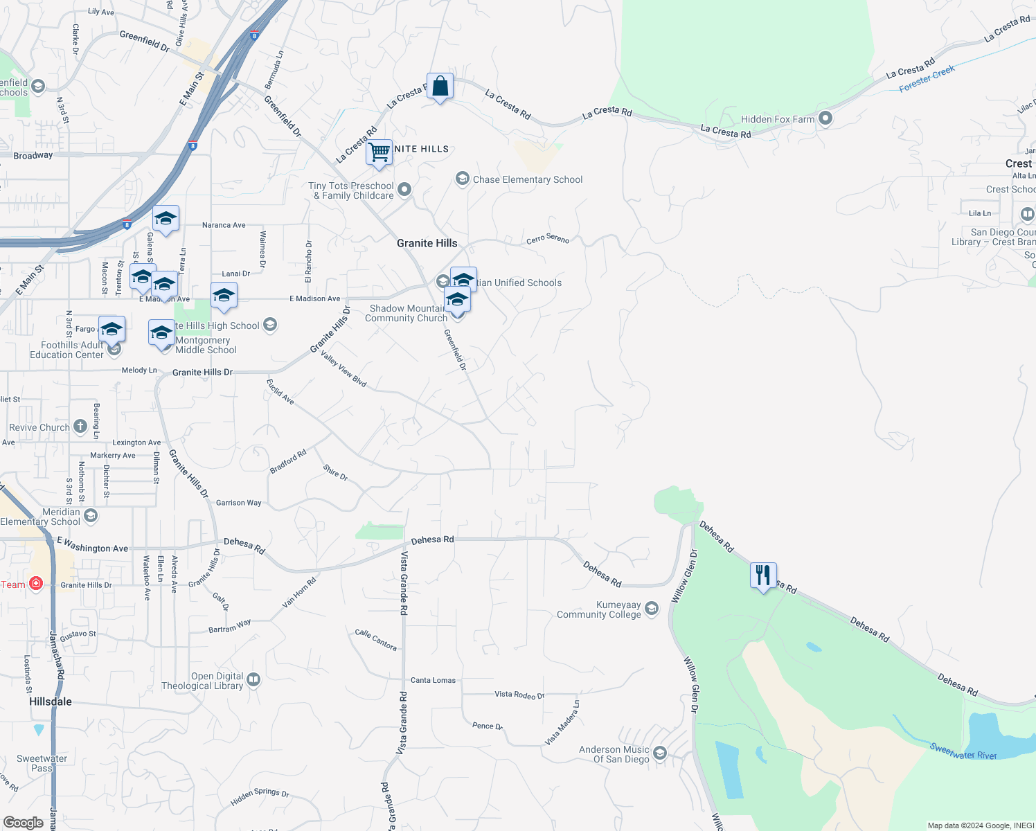 map of restaurants, bars, coffee shops, grocery stores, and more near Orchard Avenue in El Cajon