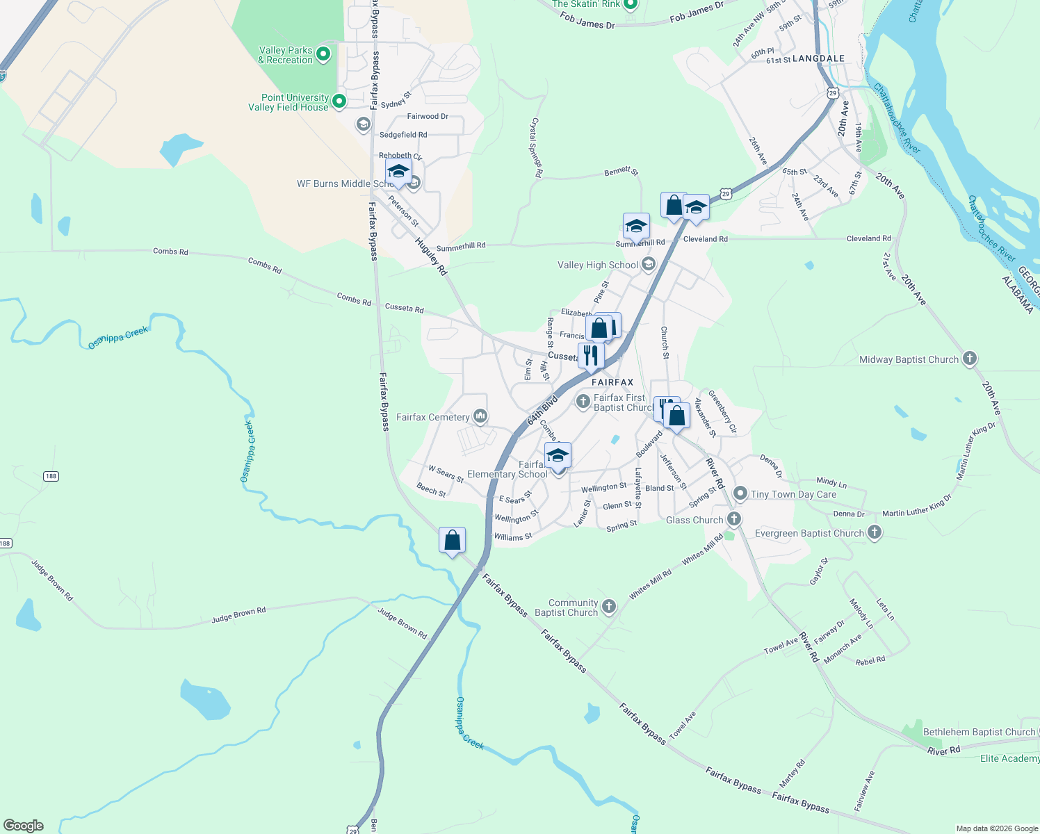 map of restaurants, bars, coffee shops, grocery stores, and more near 310 Combs Street in Valley