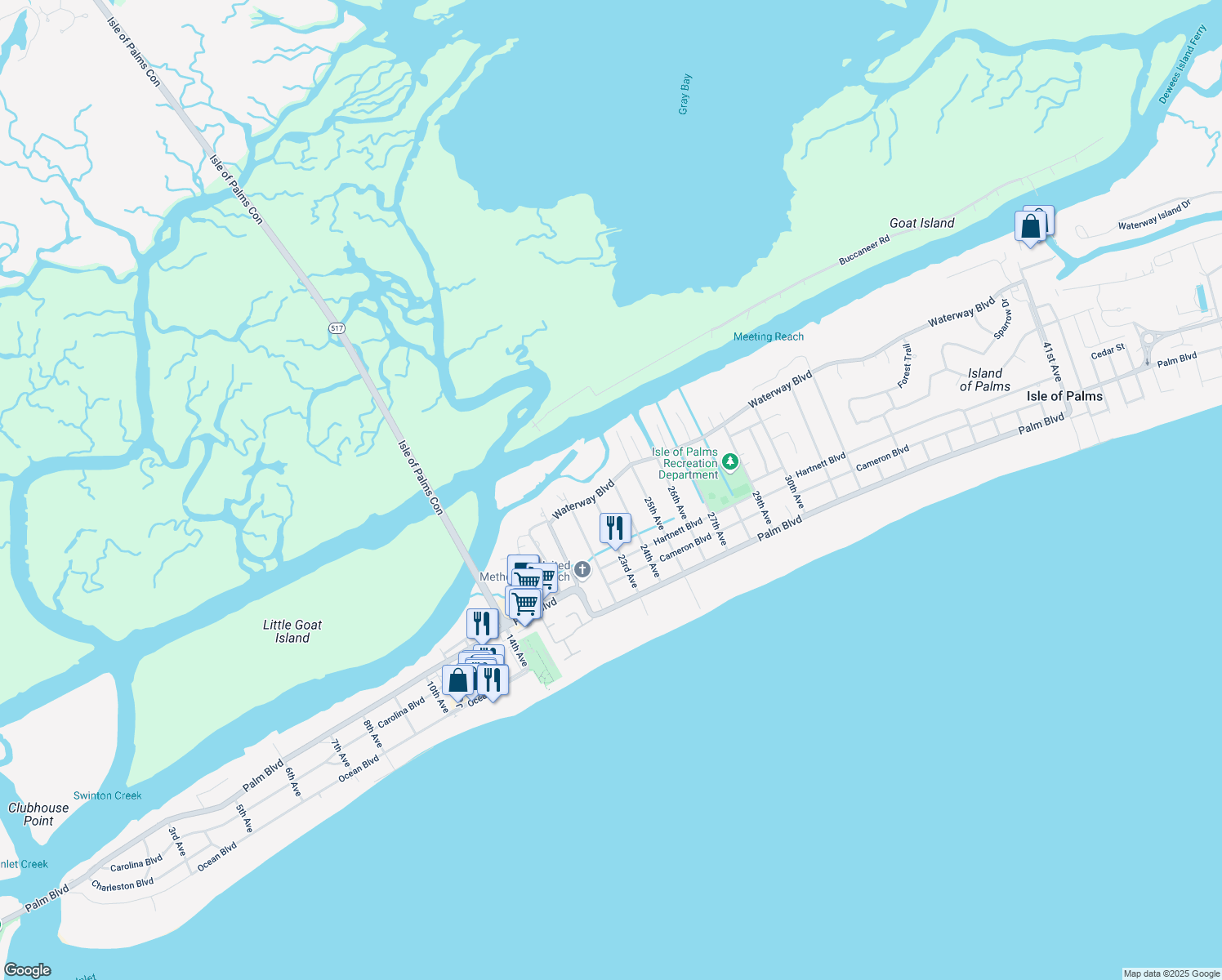 map of restaurants, bars, coffee shops, grocery stores, and more near 2304 Waterway Boulevard in Isle of Palms
