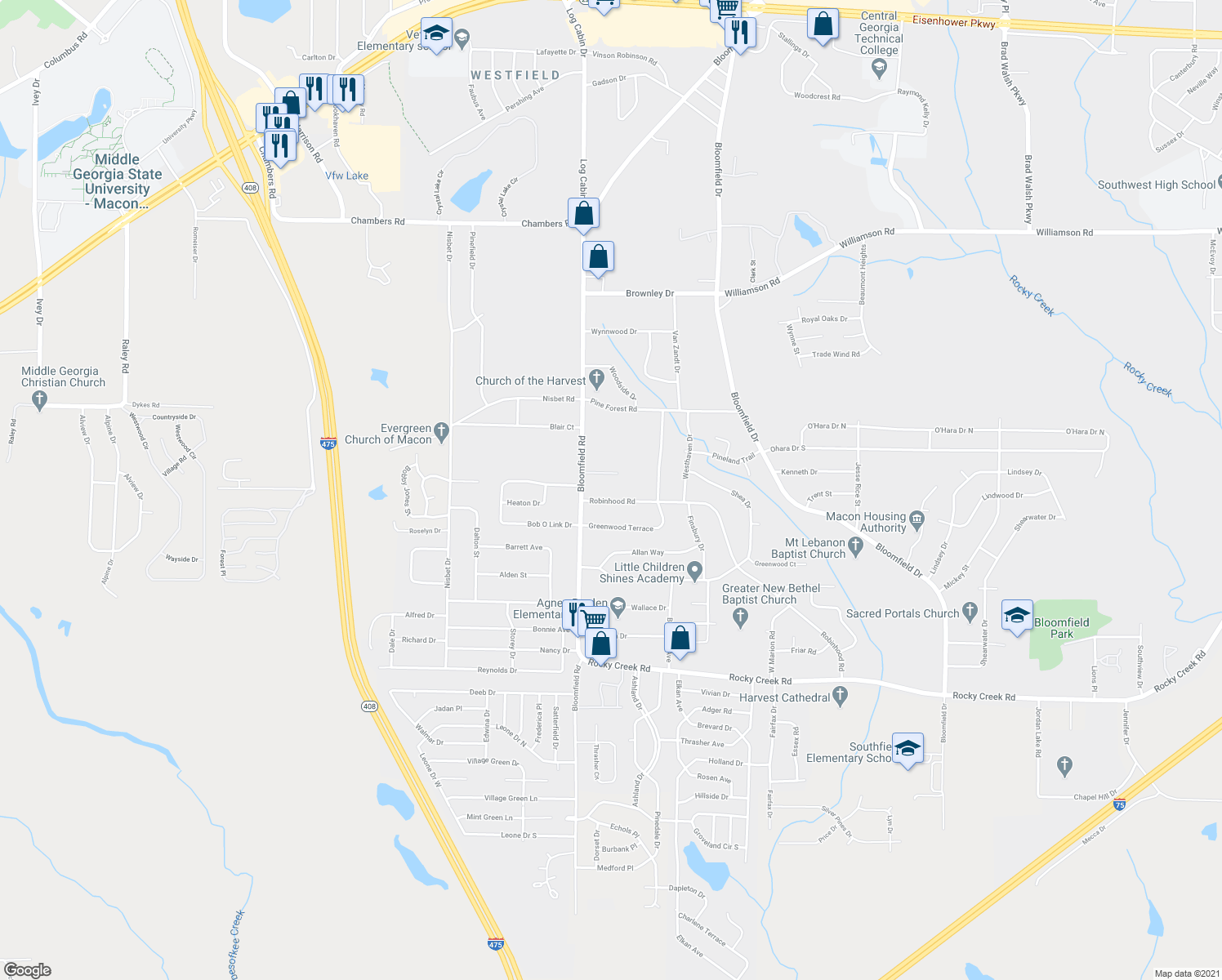 map of restaurants, bars, coffee shops, grocery stores, and more near 2595 Robinhood Road in Macon