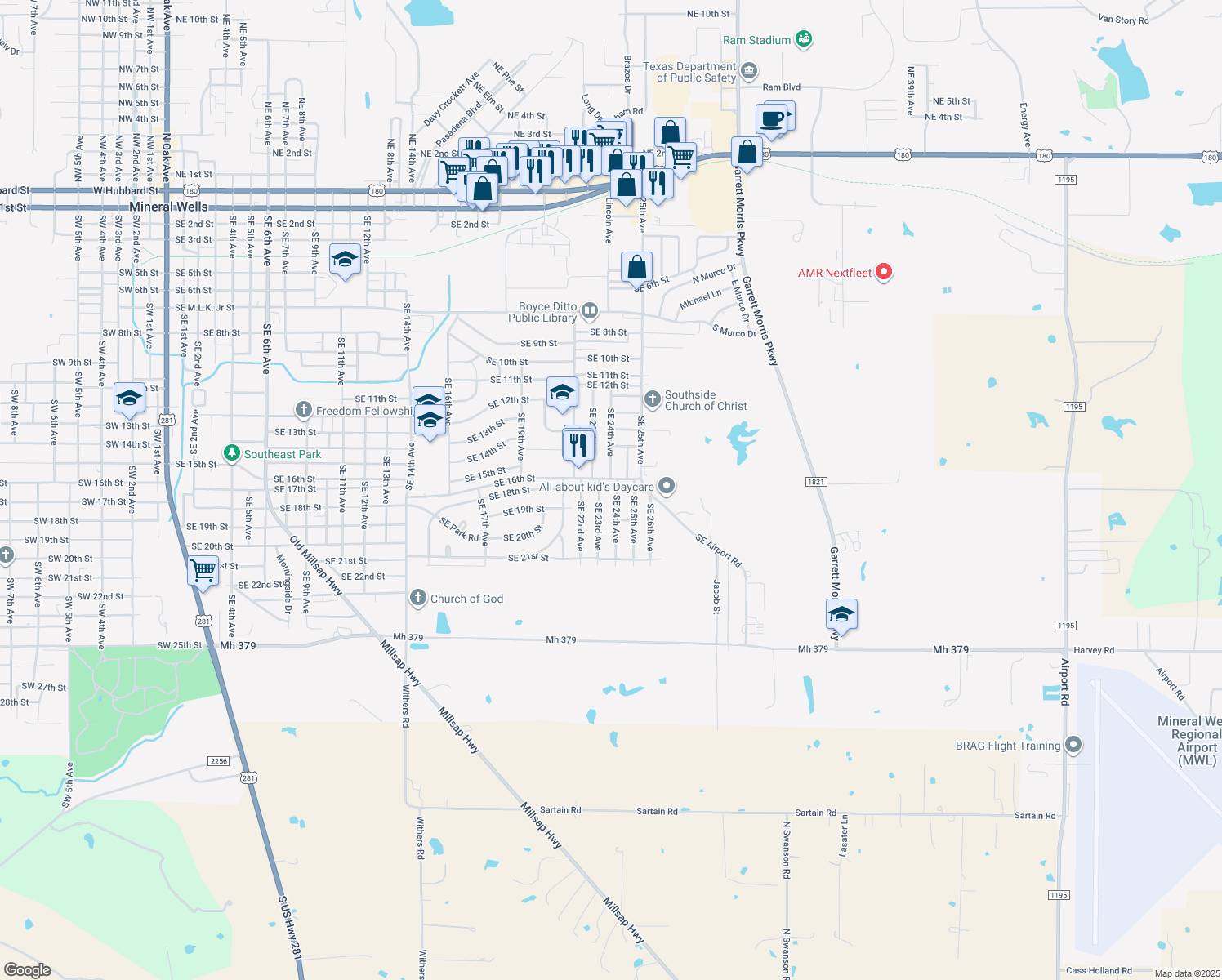map of restaurants, bars, coffee shops, grocery stores, and more near 1702 Southeast 24th Avenue in Mineral Wells
