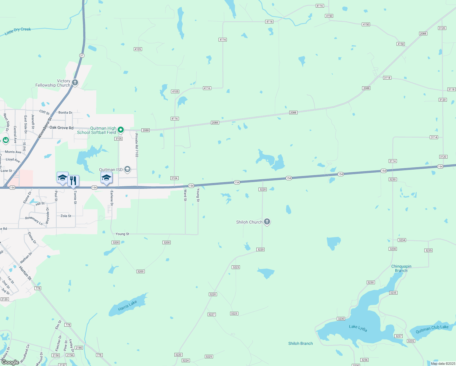 map of restaurants, bars, coffee shops, grocery stores, and more near Highway 154 in Quitman