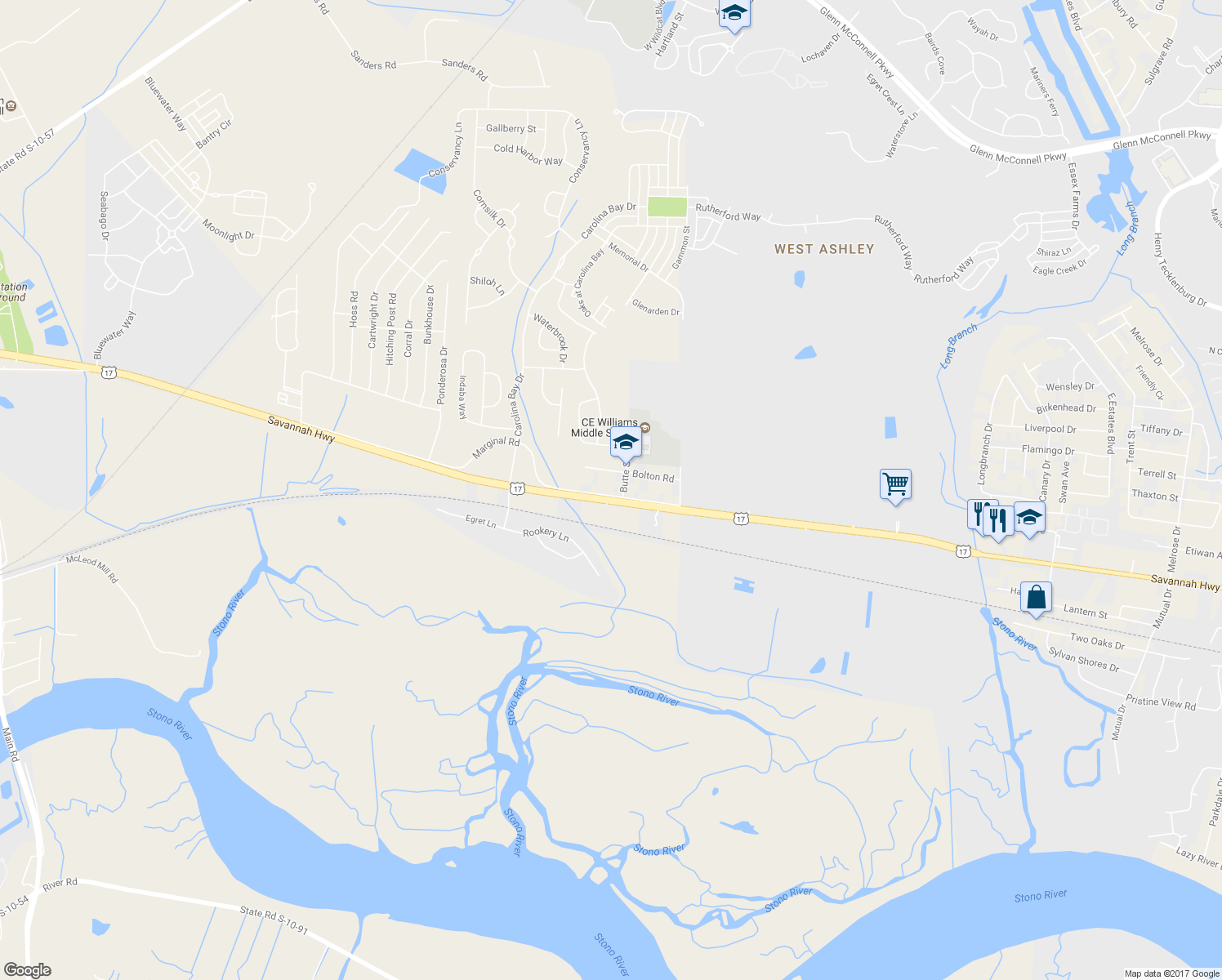 map of restaurants, bars, coffee shops, grocery stores, and more near 2958 Marginal Road in Charleston