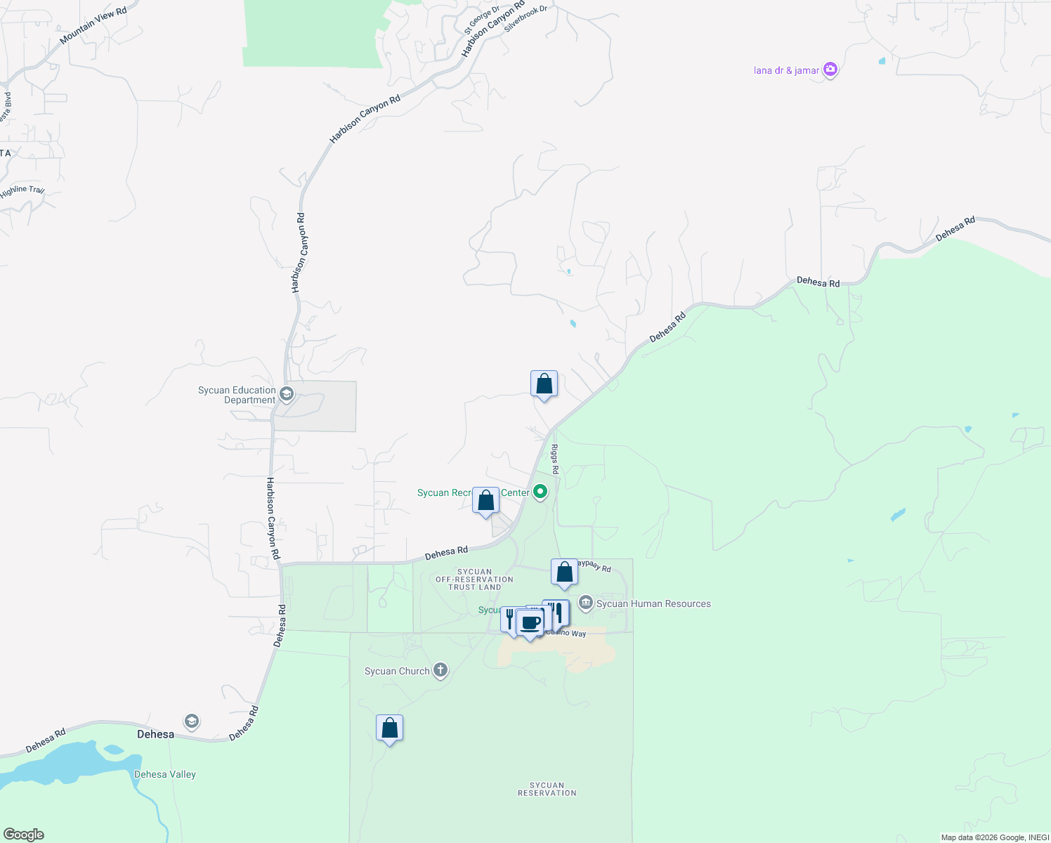 map of restaurants, bars, coffee shops, grocery stores, and more near 5676 Dehesa Road in El Cajon