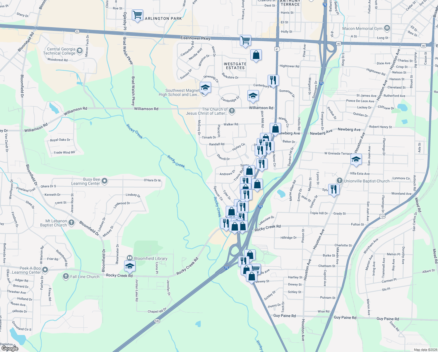 map of restaurants, bars, coffee shops, grocery stores, and more near 3886 Andrews Drive in Macon