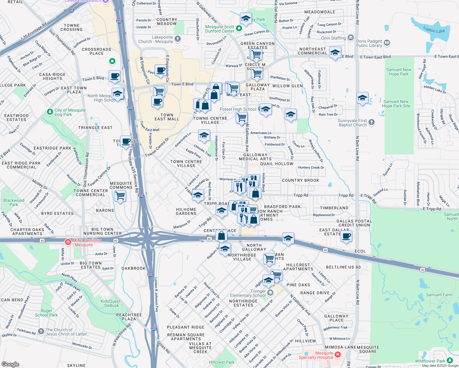 map of restaurants, bars, coffee shops, grocery stores, and more near 2429 Trenton Cir in Mesquite