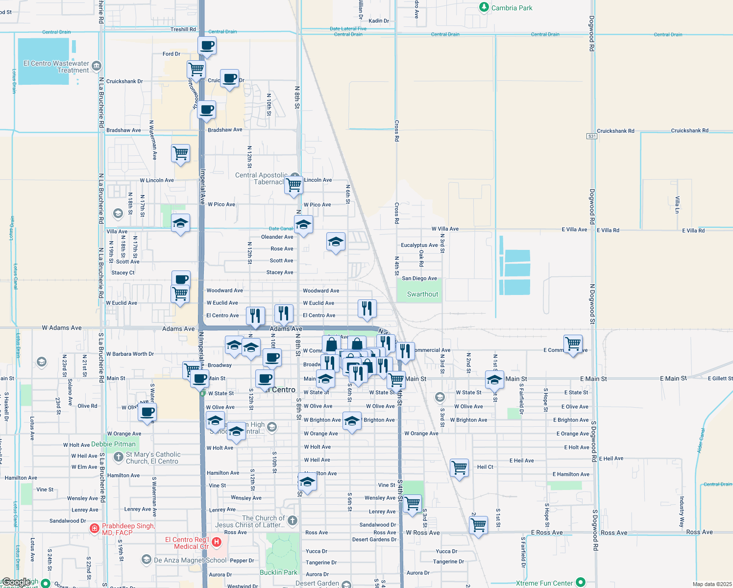 map of restaurants, bars, coffee shops, grocery stores, and more near 519 Woodward Avenue in El Centro
