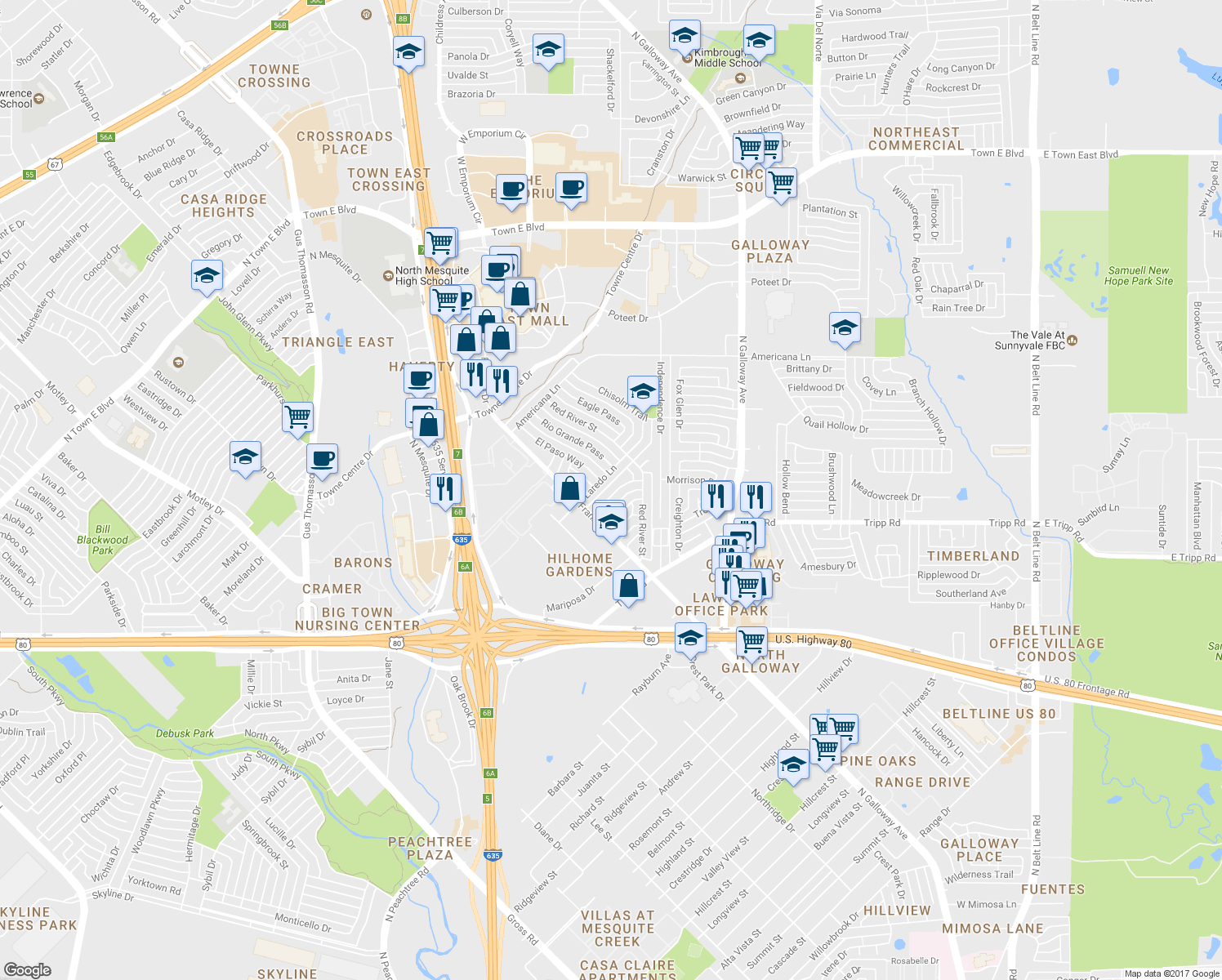 map of restaurants, bars, coffee shops, grocery stores, and more near 1503 Butterfield Drive in Mesquite