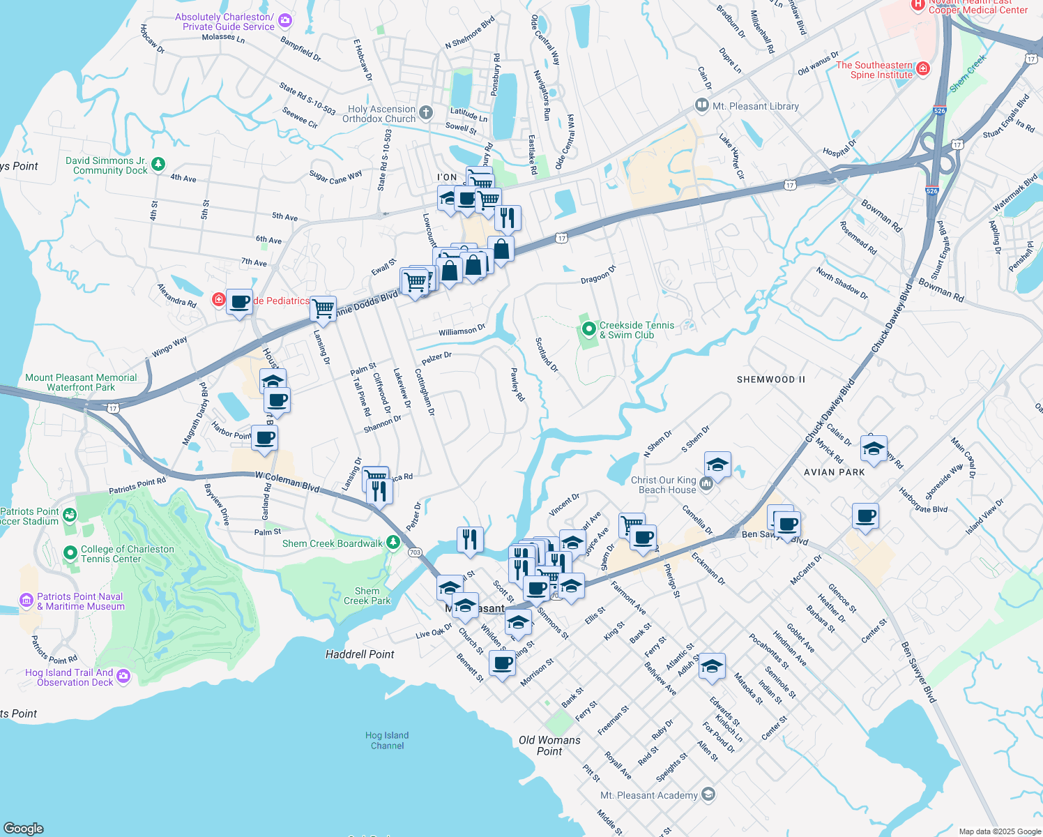 map of restaurants, bars, coffee shops, grocery stores, and more near 687 Pawley Road in Mount Pleasant