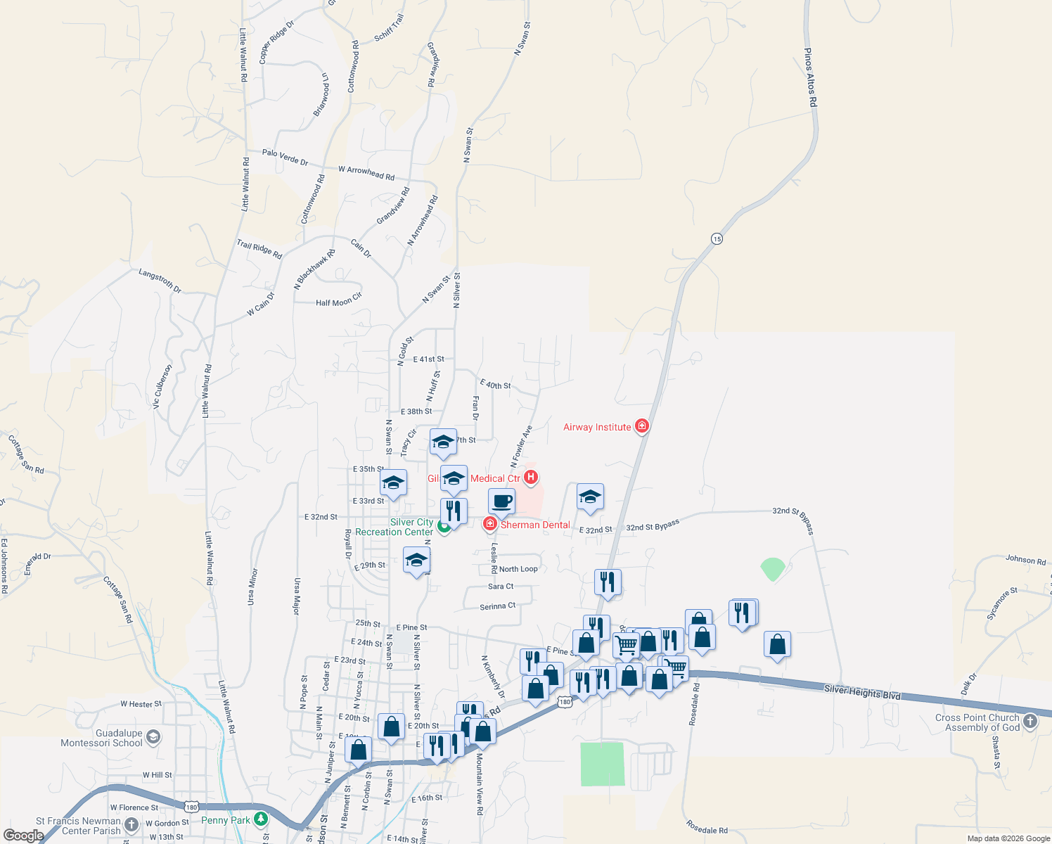 map of restaurants, bars, coffee shops, grocery stores, and more near 3905 North Fowler Avenue in Silver City