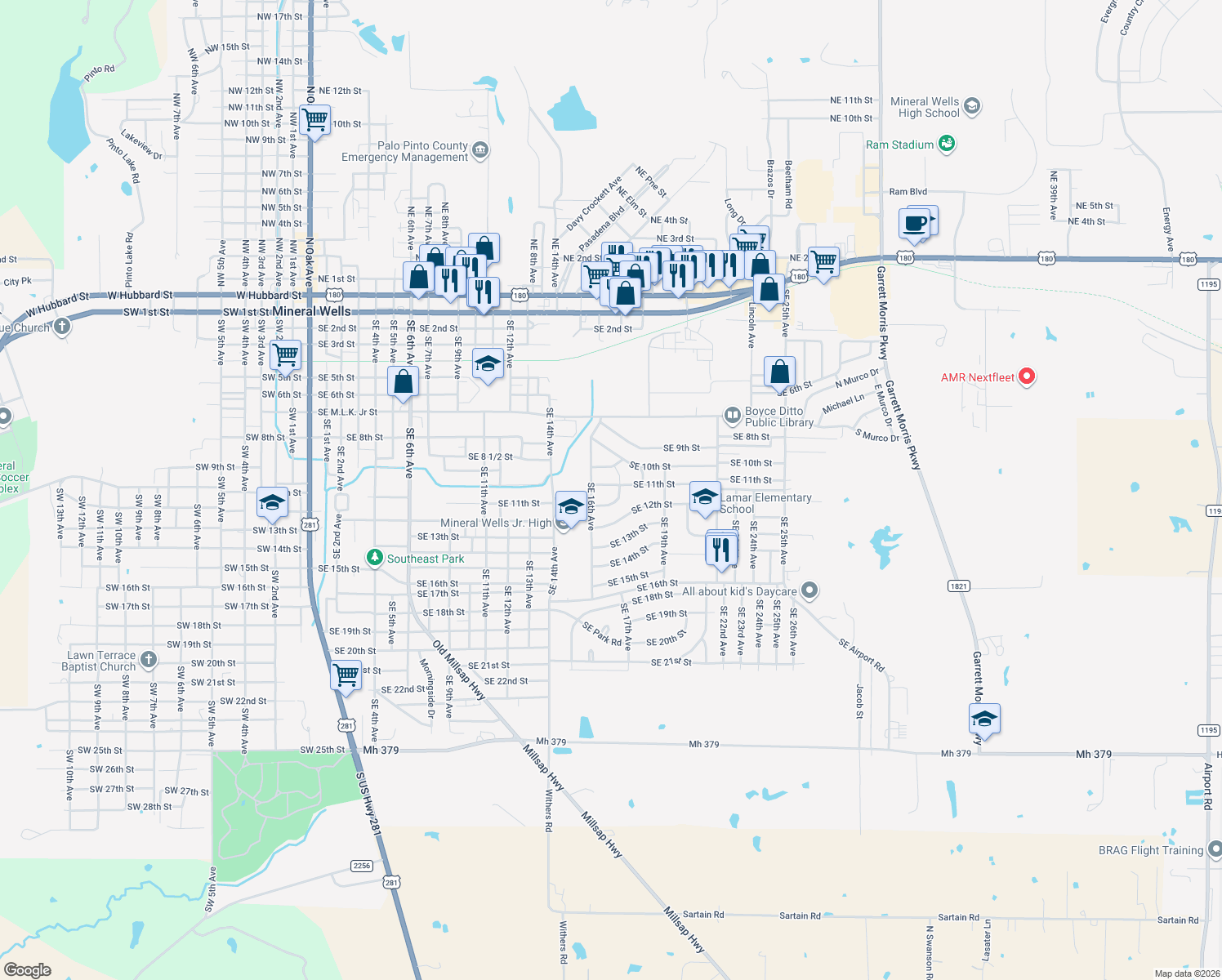 map of restaurants, bars, coffee shops, grocery stores, and more near 1714 Southeast 11th Street in Mineral Wells