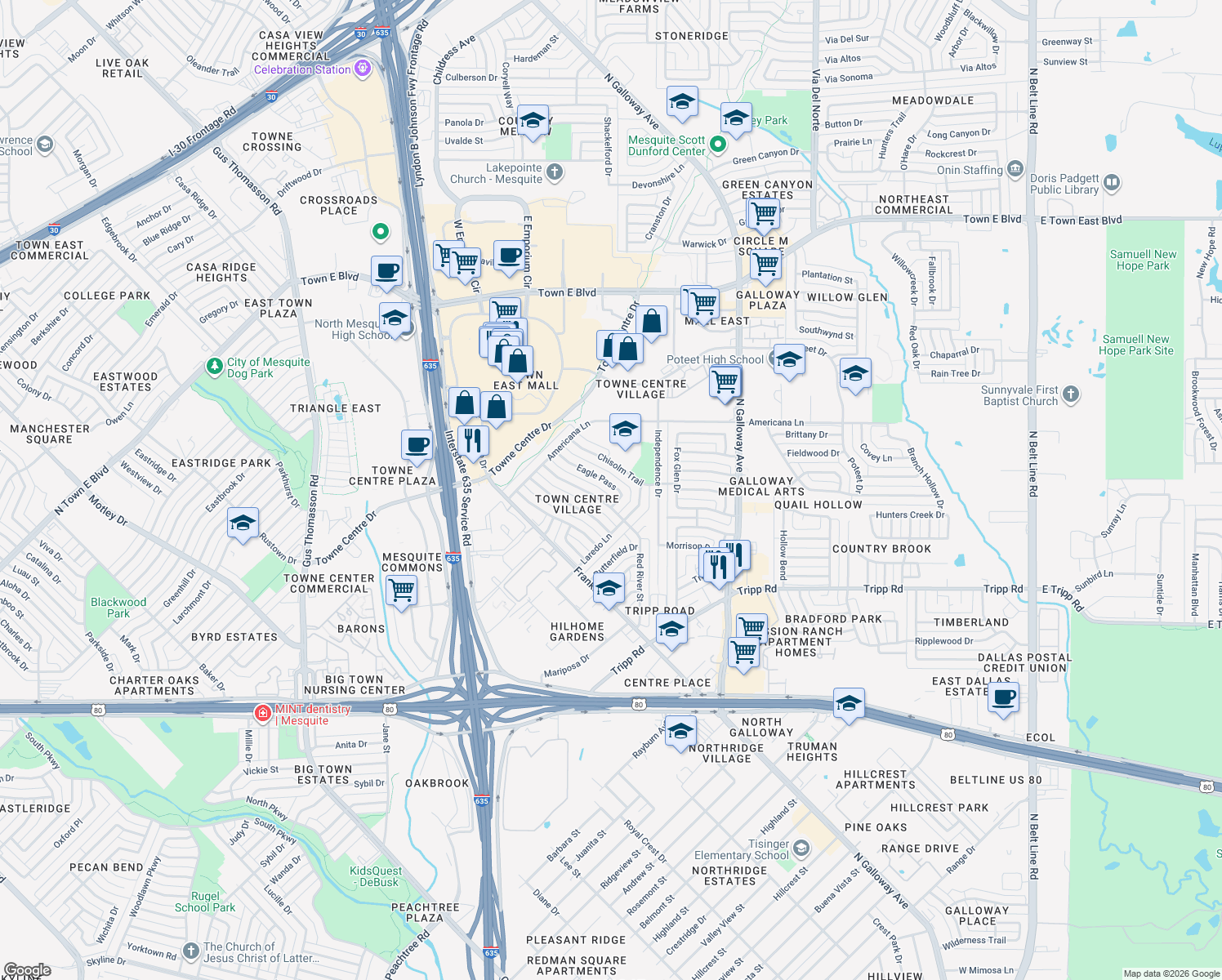 map of restaurants, bars, coffee shops, grocery stores, and more near 2632 Eagle Pass in Mesquite