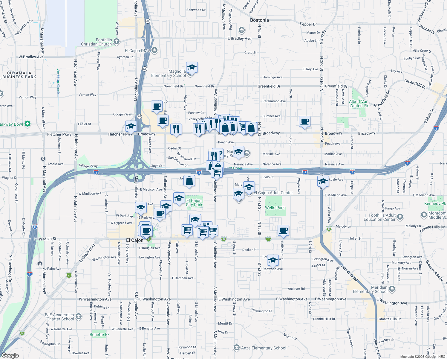 map of restaurants, bars, coffee shops, grocery stores, and more near 578 Nadeen Way in El Cajon