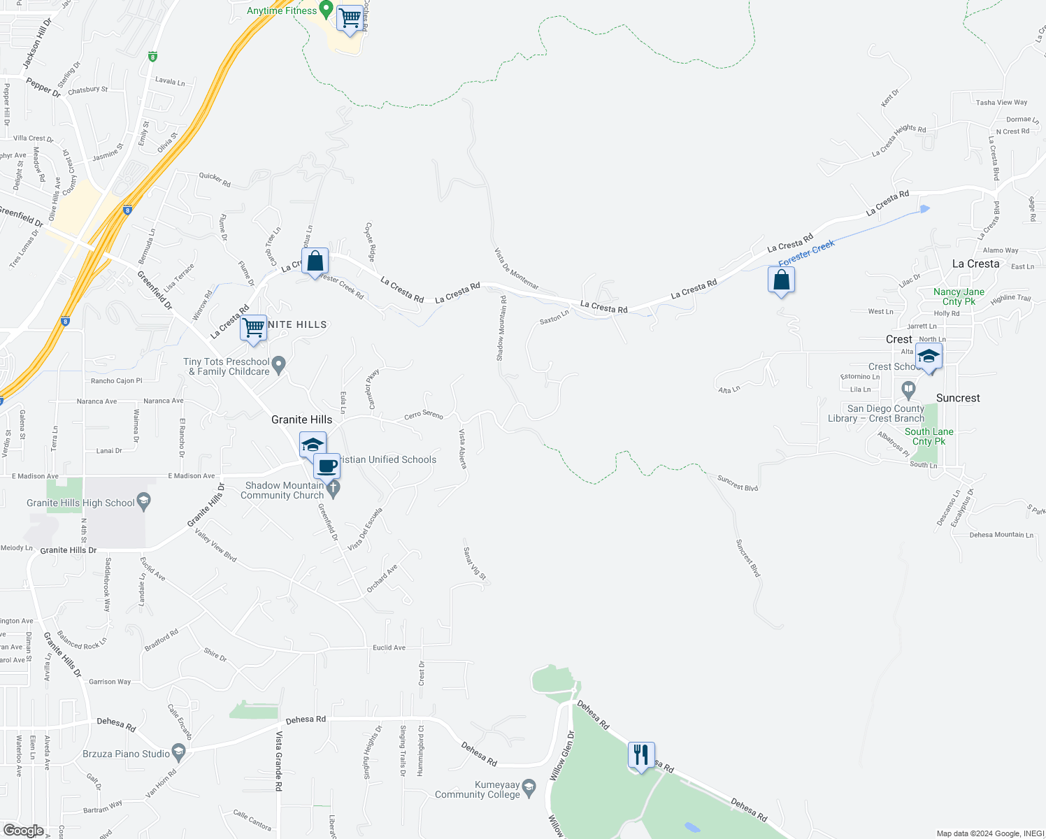 map of restaurants, bars, coffee shops, grocery stores, and more near 595 Calle De La Sierra in El Cajon