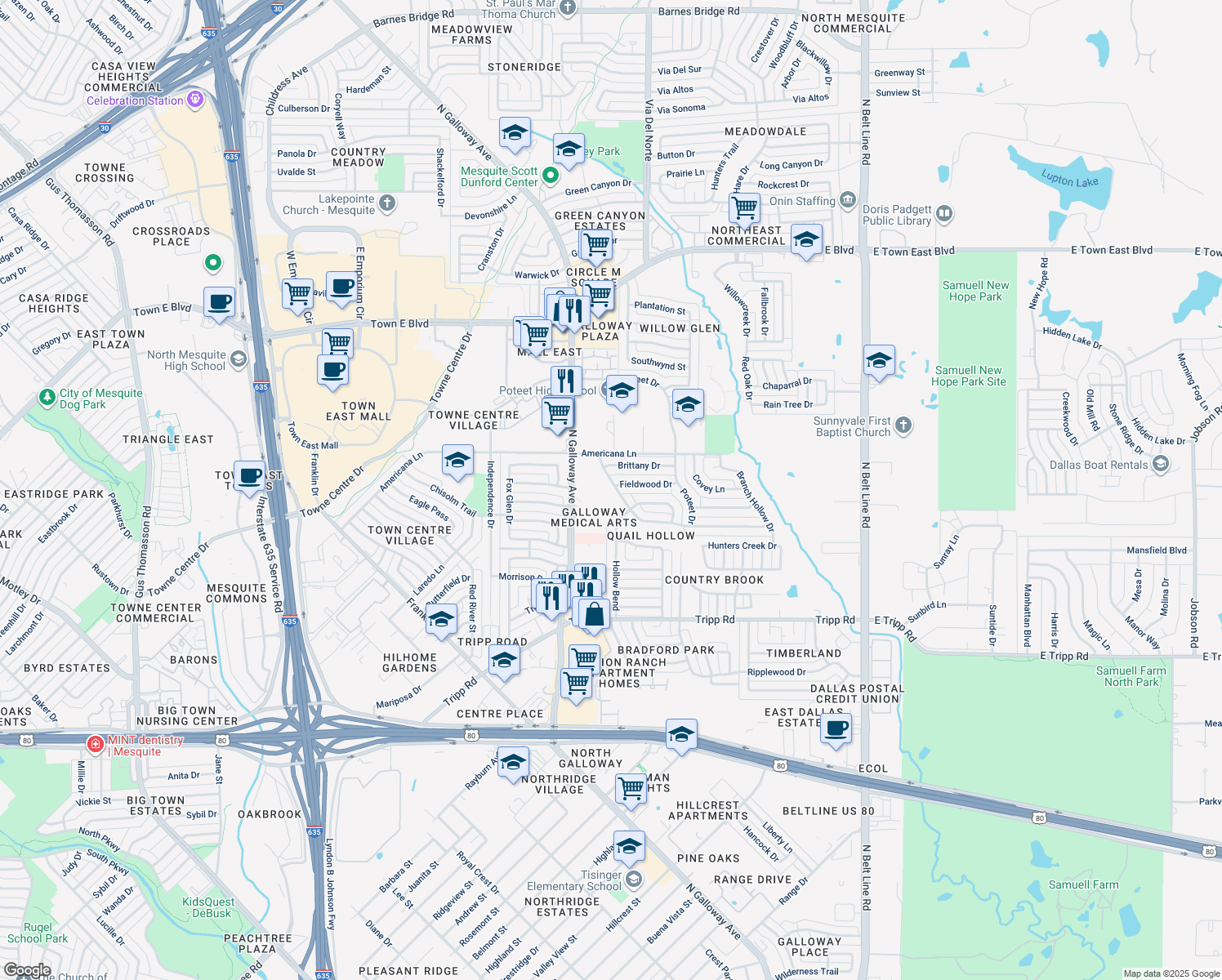 map of restaurants, bars, coffee shops, grocery stores, and more near 2827 Quail Hollow Drive in Mesquite