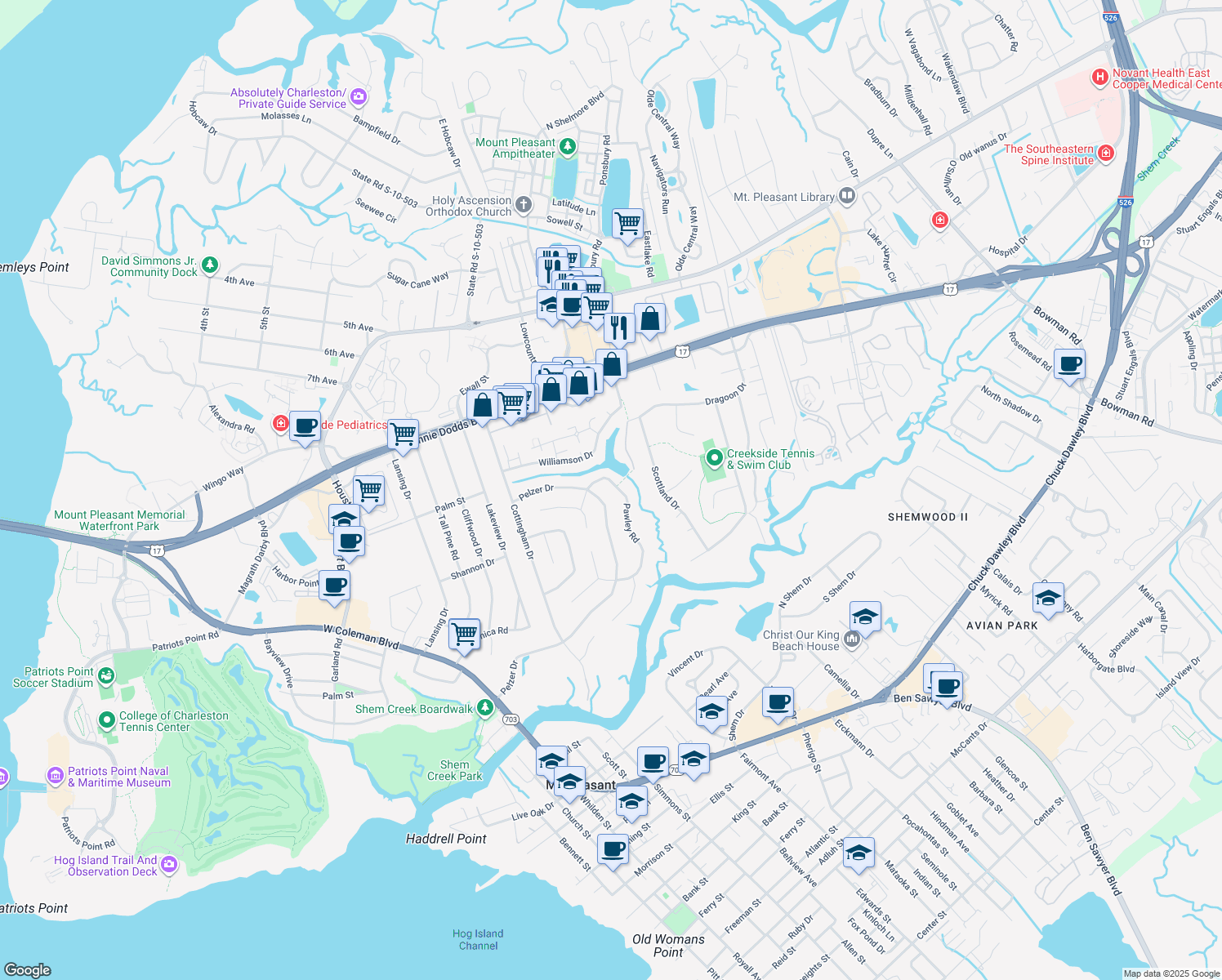 map of restaurants, bars, coffee shops, grocery stores, and more near 659 Pawley Road in Mount Pleasant