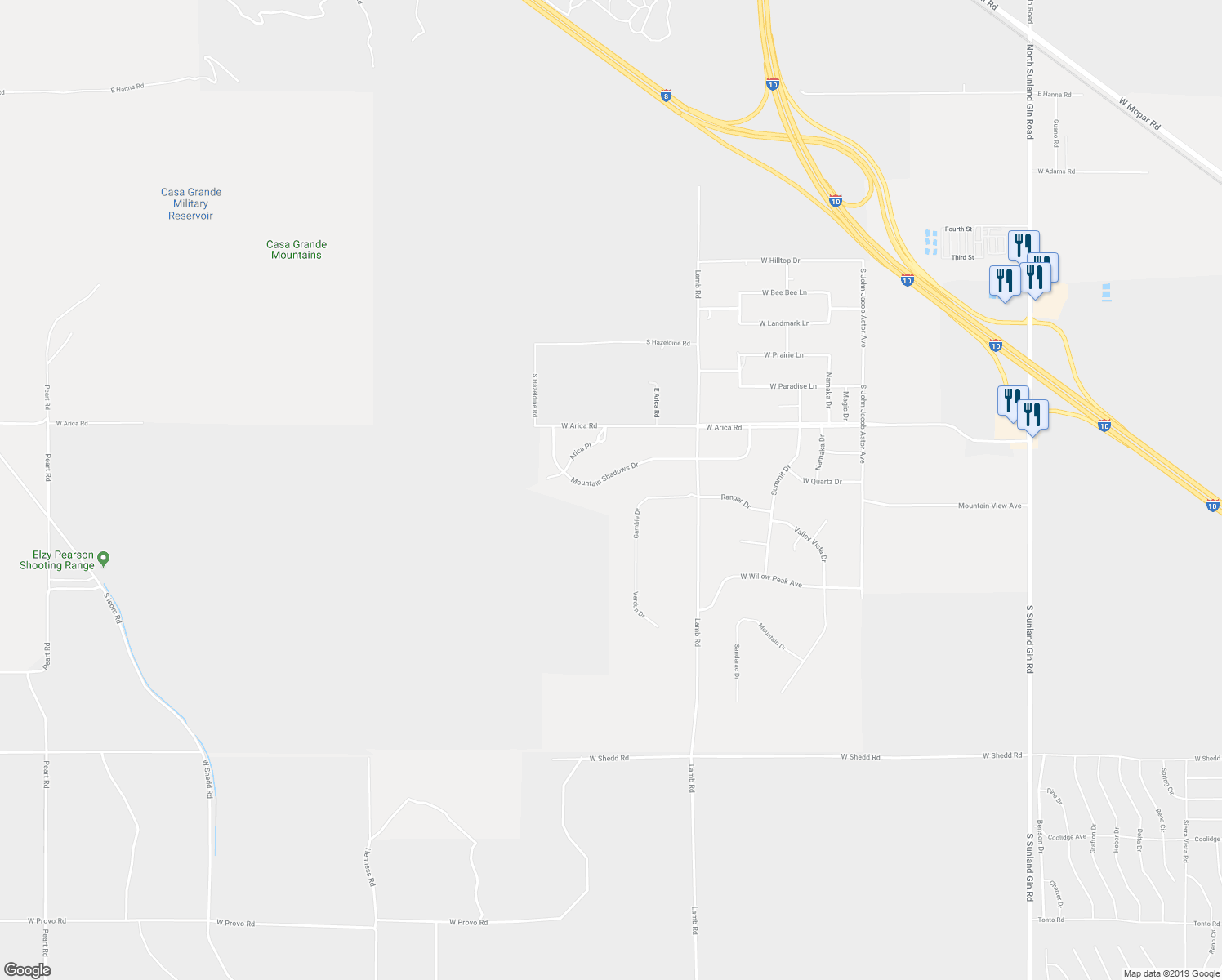 map of restaurants, bars, coffee shops, grocery stores, and more near 11715 Mountain Shadows Drive in Casa Grande