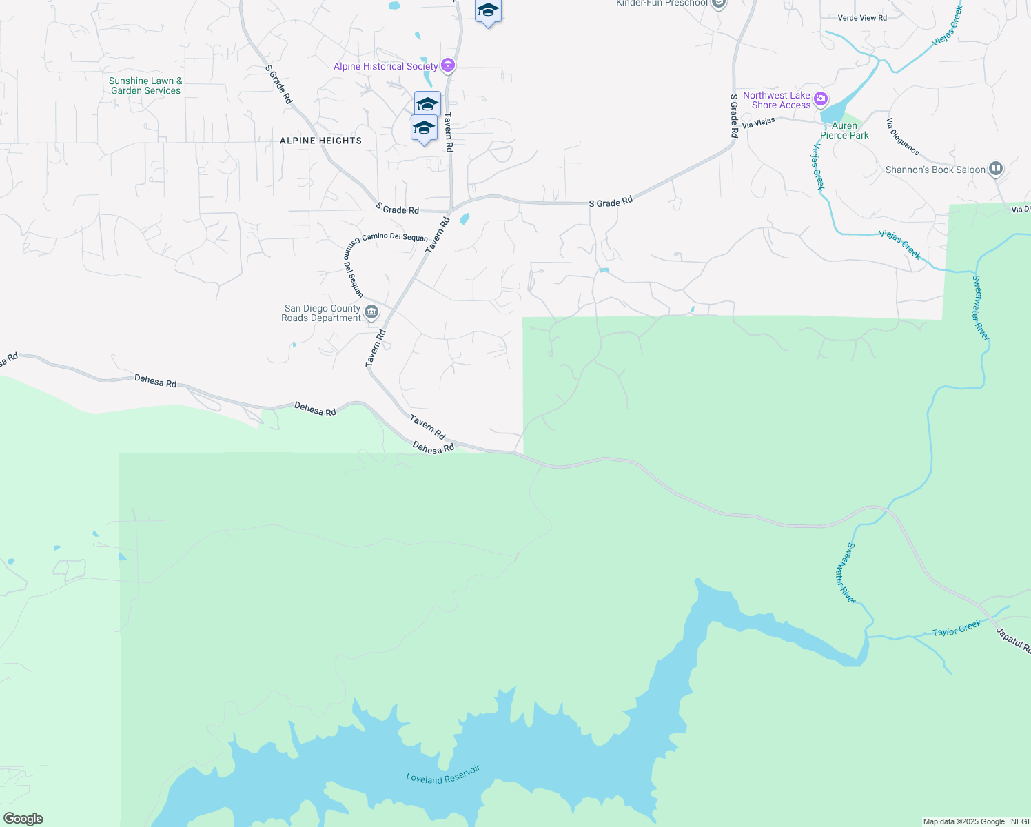 map of restaurants, bars, coffee shops, grocery stores, and more near 3132 Via Asoleado in Alpine