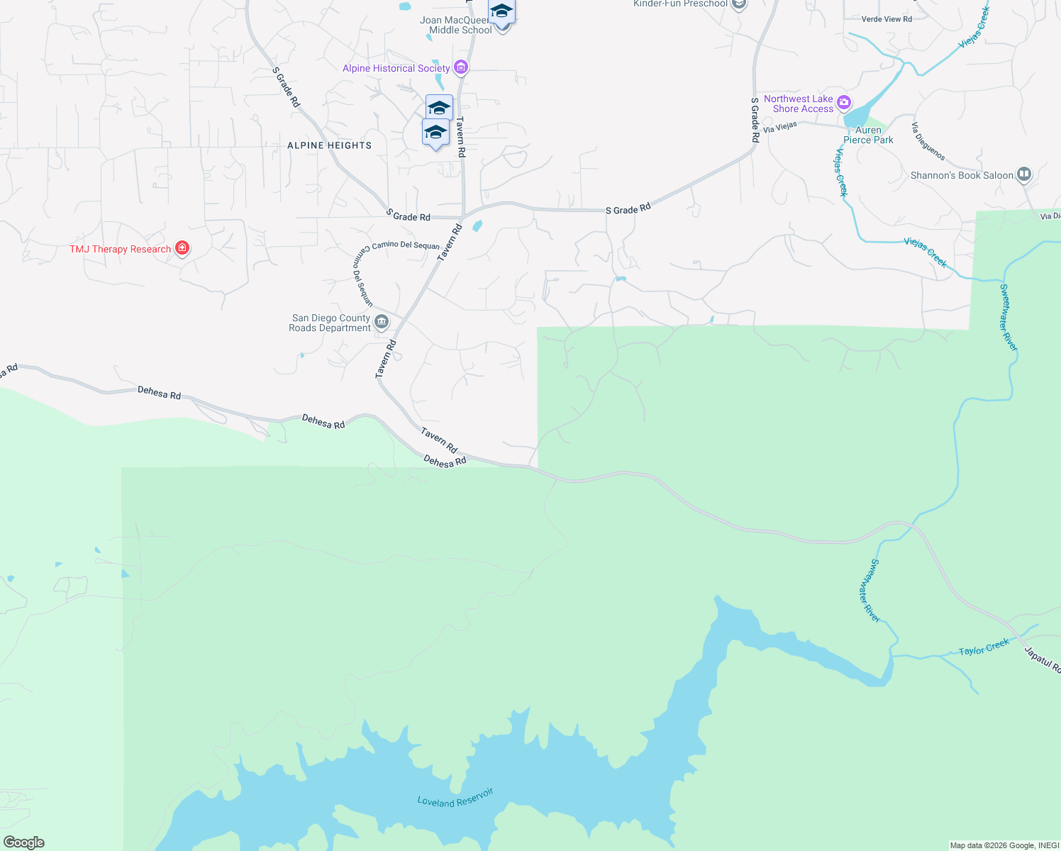 map of restaurants, bars, coffee shops, grocery stores, and more near 3132 Via Asoleado in Alpine