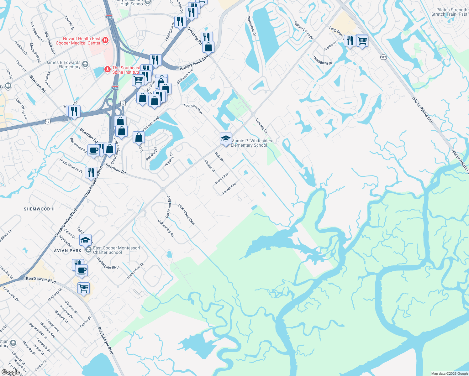 map of restaurants, bars, coffee shops, grocery stores, and more near 1525 Plover Avenue in Mount Pleasant