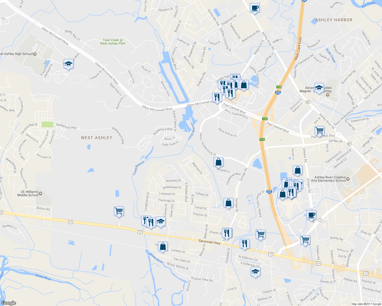 map of restaurants, bars, coffee shops, grocery stores, and more near 2406 Valentine Way in Charleston